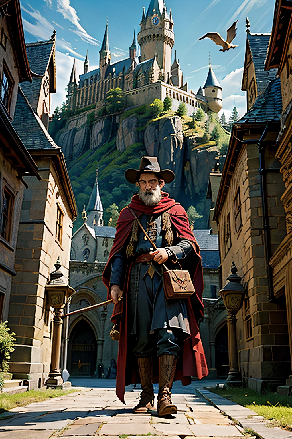 Homem de barba branca, rope glasses with an antique look, wearing the Gryffindor house cloak from Harry Potter, holding a magic wand with an imposing and sovereign air. It is positioned in front of the gates of Hogwarts Castle with a medieval landscape and dragons flying around the castle