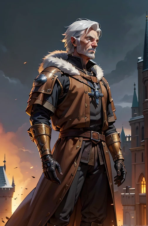 (extremely detailed 8k wallpaper:1.2), (best quality:1.2), (adventure and fantasy theme), profile (Paizo Pathfinder RPG character and Dungeons & Dragons), (man), (((human race))), old, strong, sharp focus, (subsurface scattering:1.1), award-winning photography, ((fighter Class:1.3)), ((half-body shot:1.1)), centered face, white hair, green eyes:1.2, pale skin, , serious, wearing a brown jacket with white fur, wearing black gloves, (standing on medieval castle that is behind him:1.3), (very detailed background:1.2),dramatic lighting, SFW