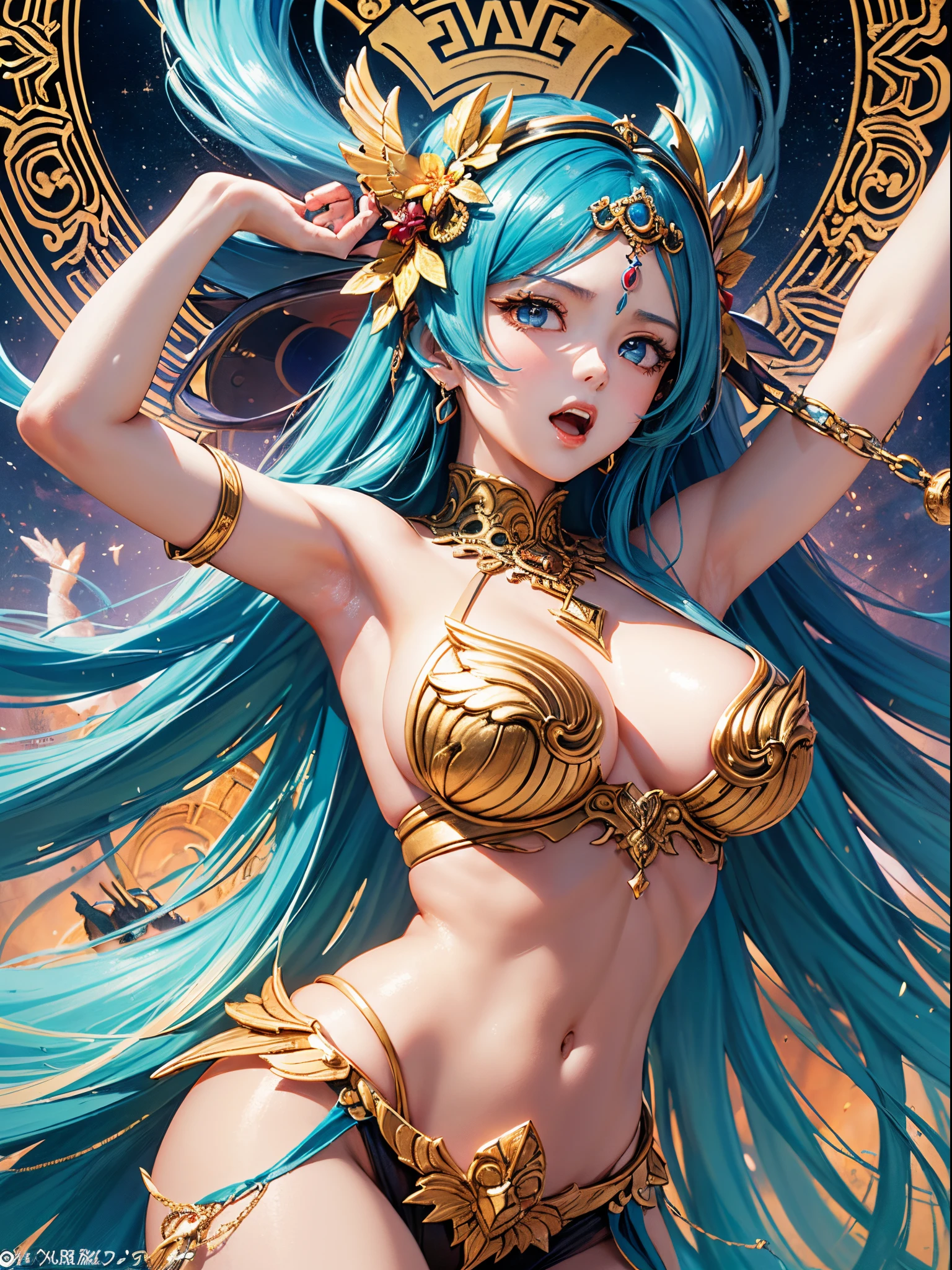 ((Finest quality)),(超A high resolution),(ultra-detailliert),(Meticulous portrayal),((Best Anime)),(Finest works of art),Ultra-Precision Art,The art of astounding depiction,Overwhelming depiction:1.5,Beautiful fantasy art with intricate and detailed details:1.3, (1人の女性:1.5),(Goddess of Victory:1.5),(raise one&#39;s arms high:1.4),war cry:1.3
