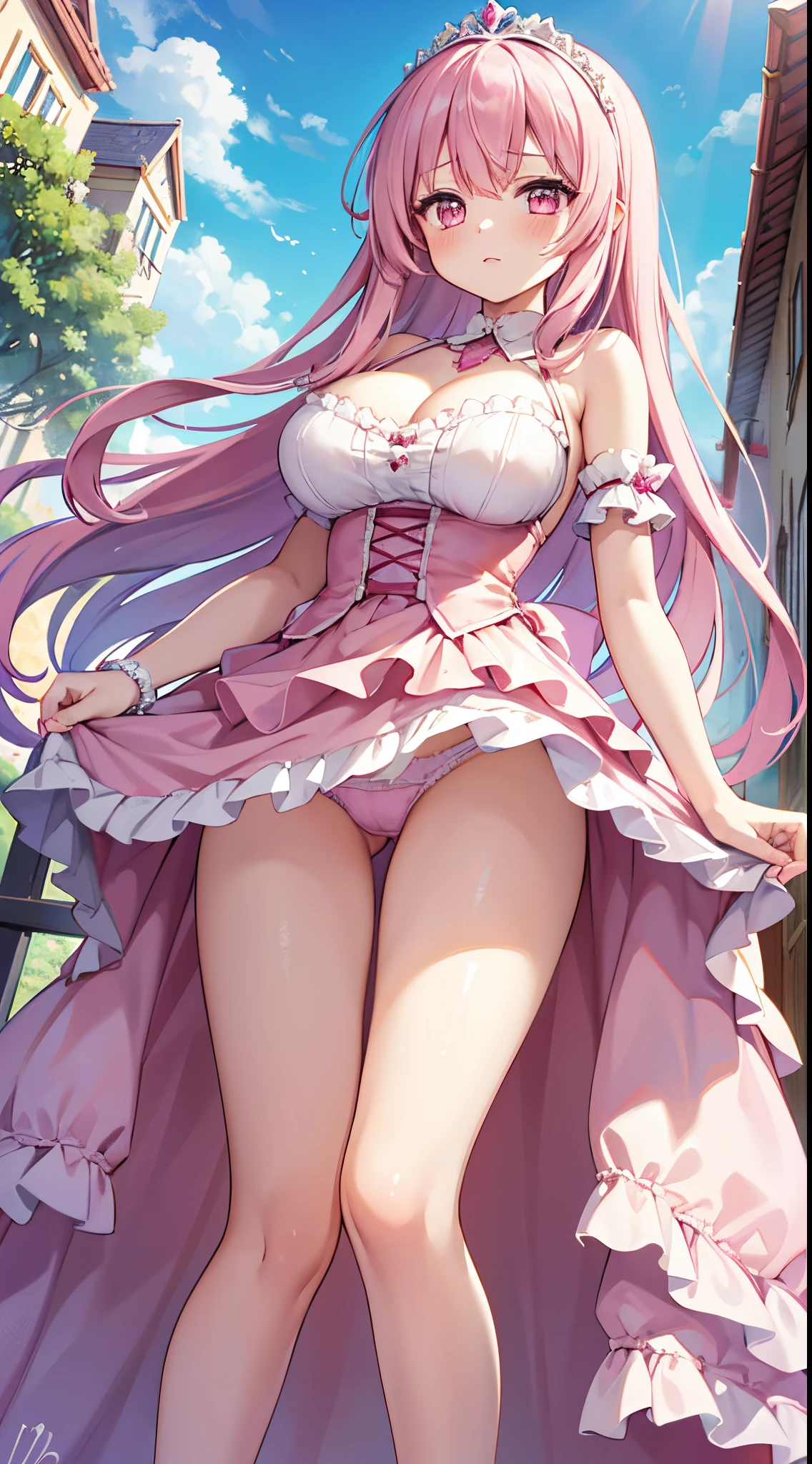 1 girl, game CG, frilly pink princess dress, cleavage visible, shoulders visible, tiara, gigantic breasts, pink hair, long hair, straight hair, ahoge, pink eyes, blush, dynamic, outdoor, castle, skirt lift, String panties, from below, wind,
