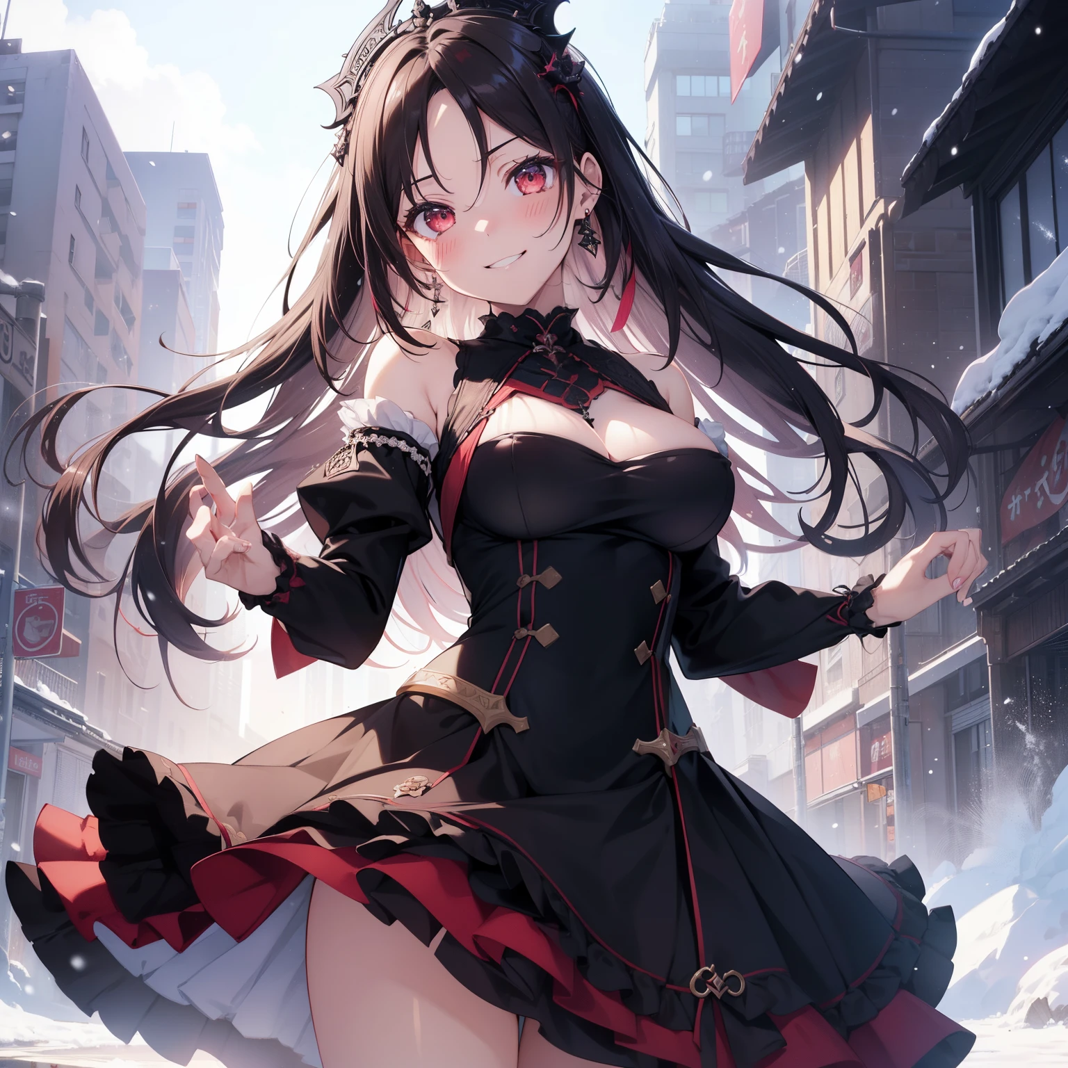 (masutepiece,Best Quality,8K),(extremely detailed CG1.1),s girl,Smile,large boob,(From below:1.2),Intricate details , Hyper realistic, Perfect Anatomy,A dark-haired,Red Eyes,(((Forehead))),Permed hair with wavy hair,(((length hair))),Hair over one eye,hair slicked back,Full body,(((gothic dress ))),blush,Happy smile,(((natta,buliding))),Lens Flare,Wind,Magnificent view,(chromatic abberation:1.3),Dynamic Angle,Cowboy Shot,Looking at Viewer,It's snowing,is standing