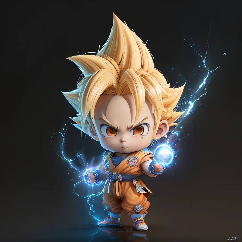 Goku, super saiyan, cabello exquisito, Representation of arms, cuerpo de cabello blanco y azul, zapatos exquisitos, Representation of eyes, cabello exquisito, aura de rayos amarilla electrica,caja ciega popmart, textura de arcilla, pisar la tierra, fondo blanco y negro, natural lighting, muy buena calidad, Super detail, arte 3D, c4d, renderizador OC, renderizado 3D, 8k