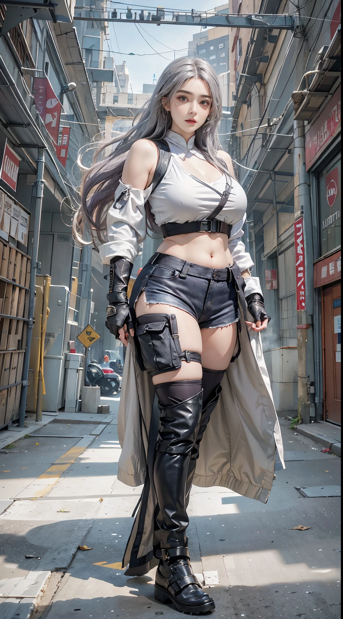 realistically, A high resolution, 1 fat woman, Shaoshafa,Alone, butt lift, view the viewer, (Detailed faces), Long purple hair, SWAT vests, medium chest circumference, battlefield outfit, Silver set, Bare shoulders, Bare thighs, Architectural background, feet on feet,,