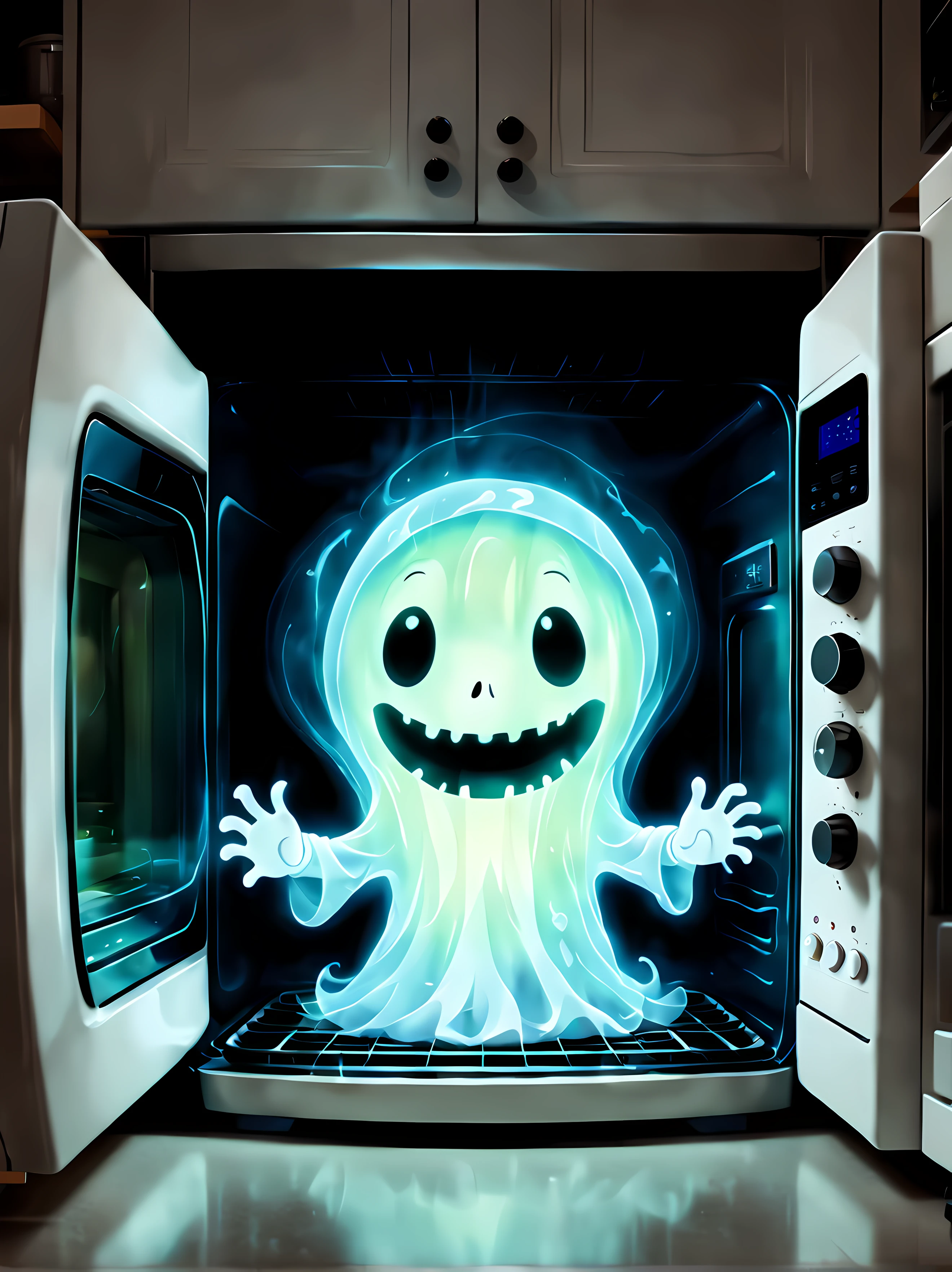 Cute Cartoon, CuteCartoonAF, (cute cartoon style:1.3), (front view:1.3), (close up:1.3), a ghostly microwave that reveals a translucent figure ((trapped within)), ((emanating an ethereal and otherworldly glow)), an atmosphere of mystery and supernatural presence in a dimly lit kitchen, the ghostly effect casting shadows and creating a soft eerie glow around the microwave, the translucent figure inside the microwave