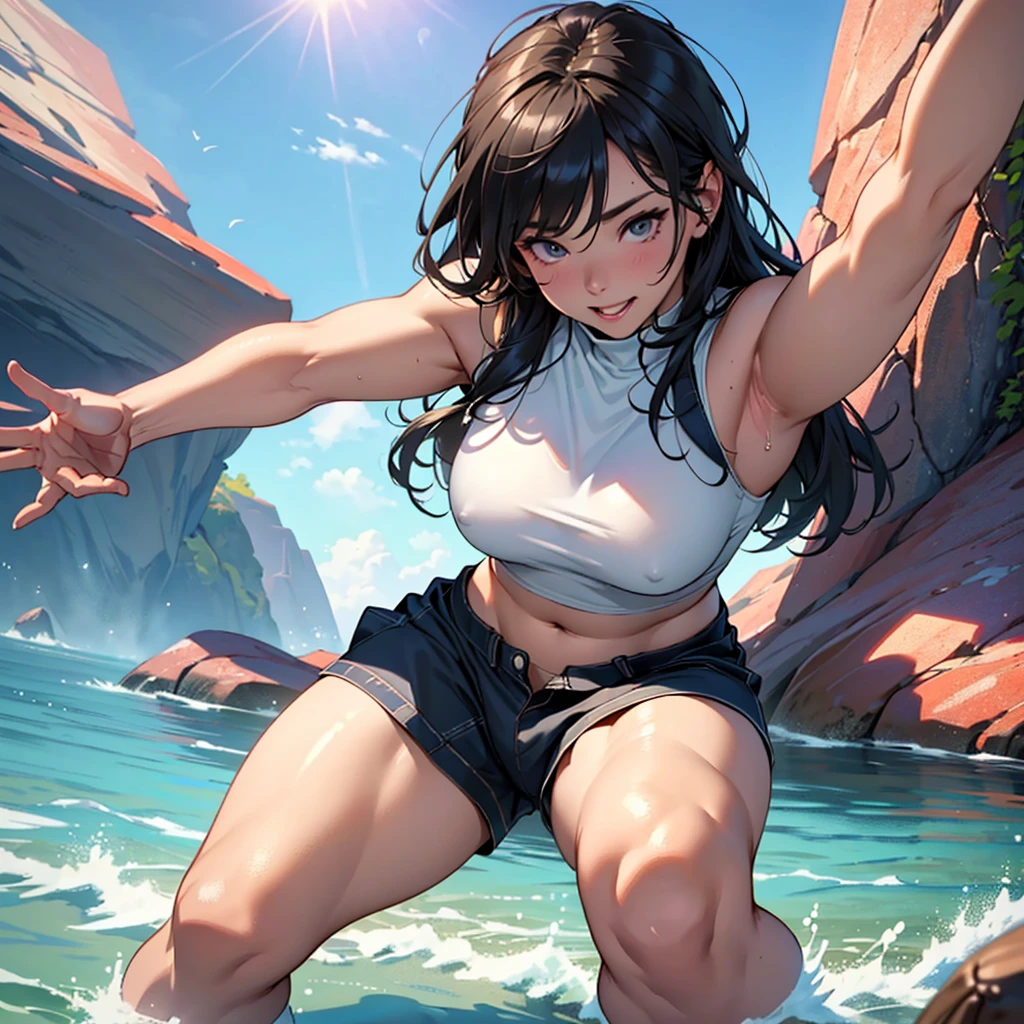 (Best quality, masterpiece), 1 woman, light skin, short braids, particles, looking at the audience, 8k resolution, contempt, pride, full body, Floating in the air, water goddess, Okavango delta, misty lagoon, bare footed, large hips, explosion in the clouds, Hyper realistic, Photography, Picture of the week, RAW, beautiful, (finely detailed skin), African skin, damp, moist, reflections, (masterpiece) (perfect proportion)(realistic photo)(best quality) (detailed) photographed on a Canon EOS R5, 50mm lens, F/2.8, HDR, (8k) (wallpaper) (cinematic lighting) (dramatic lighting) (sharp focus) (intricate)