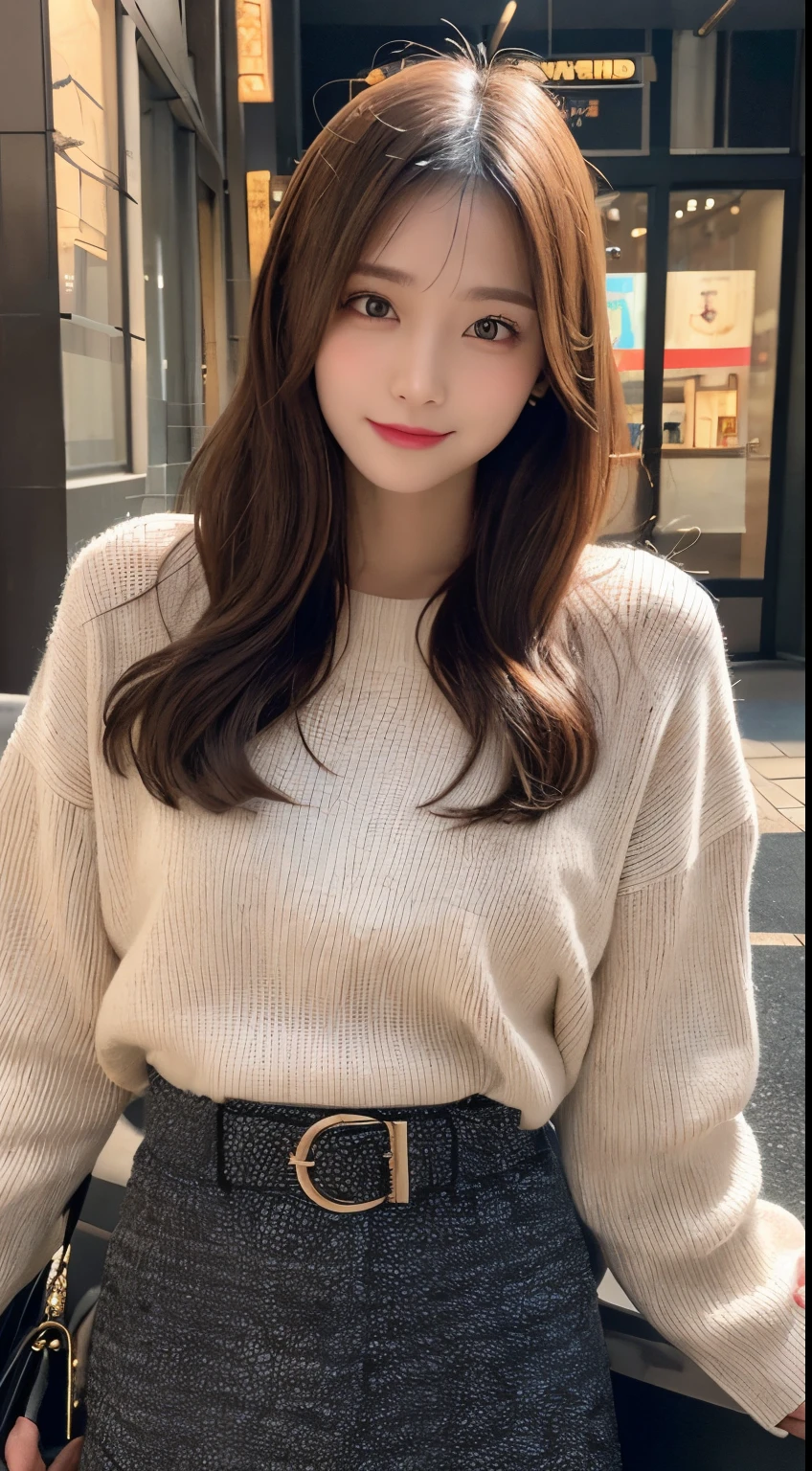 finely detail, hight resolution, hightquality、Perfect dynamic composition, Beautiful detailed eyes, Medium Hair, small tits 、Natural Color Lip,Kamimei、Shibuya、college aged、1 persons、Transparent skin、Glowing hair、masutepiece, Best Quality, Illustration, Ultra-detailed details, hight resolution, 8K,Sweaters(Light brown)And long skirts(A black),Cheek cane with both hands,Anatomically correct condition,Cute,Perfect and beautiful hands,Photograph the whole body,high-heels、Ultra-detailed eyes,ssmile