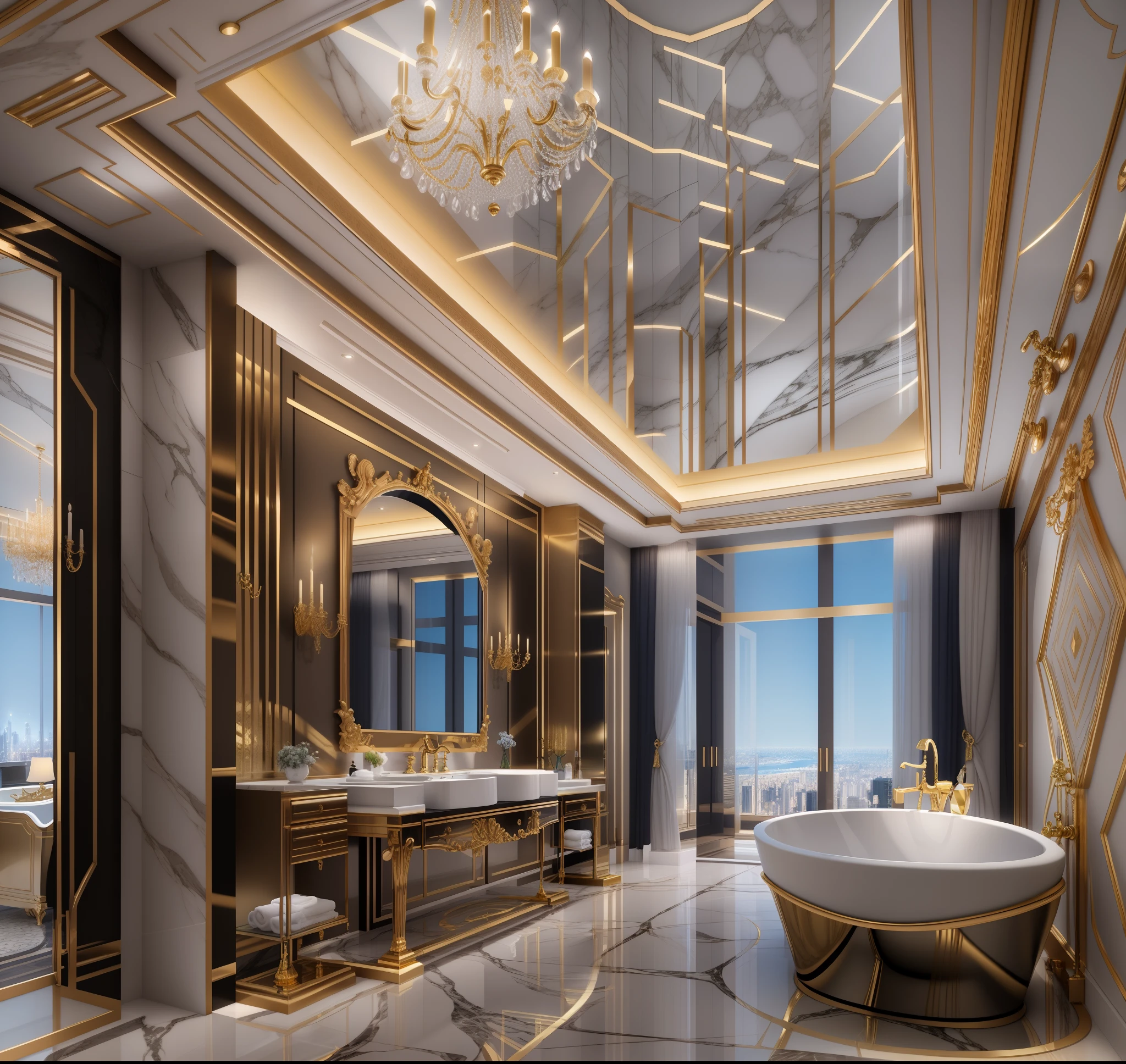 arafian bathroom with a large tub and a large window, luxurious environment, luxurious, gold and luxury materials, elegant and refined, luxury condo interior, premium bathroom design, extremely opulent, luxury hd render, exquisite rendering, magnificent design, high-end, high - end, high quality rendering, modern look, neoclassical style, penthouse, neo-classical