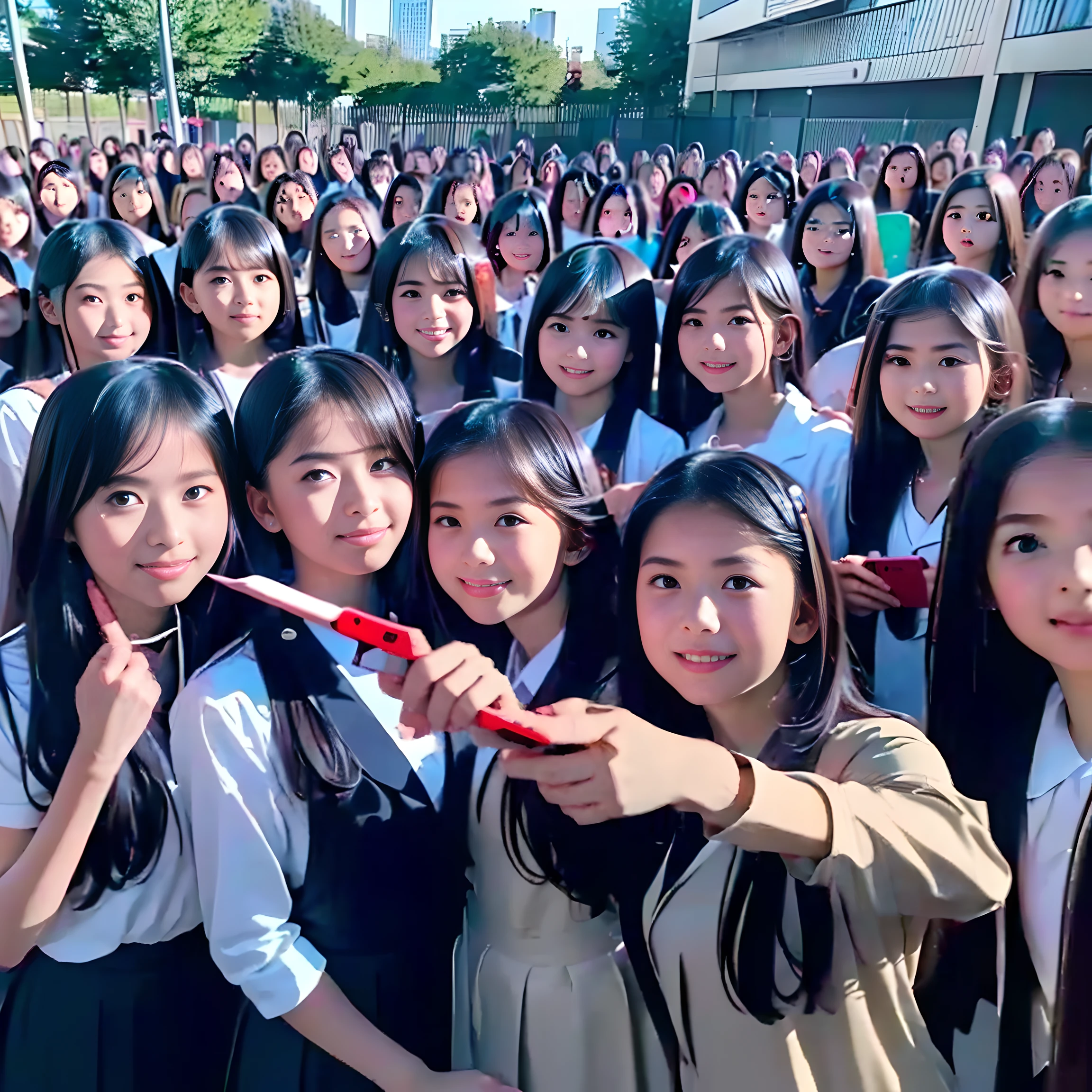 a picture、(((multiple girls))),((((6+girls)))),((((100girls)))),(((1000girls)))、((((100 Girls))))、(((crowd shot))),Women only、The same face、School Uniform、************、Long black hair、100 cute girls、ssmile、Selfie stick、‎Classroom、Raw photo、(((Large group)))、a ****** high school student