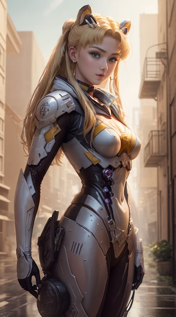 cowboy shot, masterpiece, best quality, high resolution, A real life adaption of tsukino usagi, blonde hair, dark cyborg, dark battle suit, exquisite face, hyper realistic, sfw