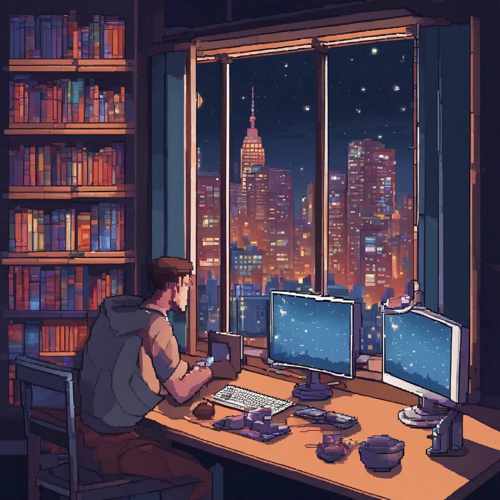 2guys in 30's in the city waring earpads studding a book computer infront stars in window at night time hyper realistic,8k,ultra detailed hd,pixar style,high definition,16:9