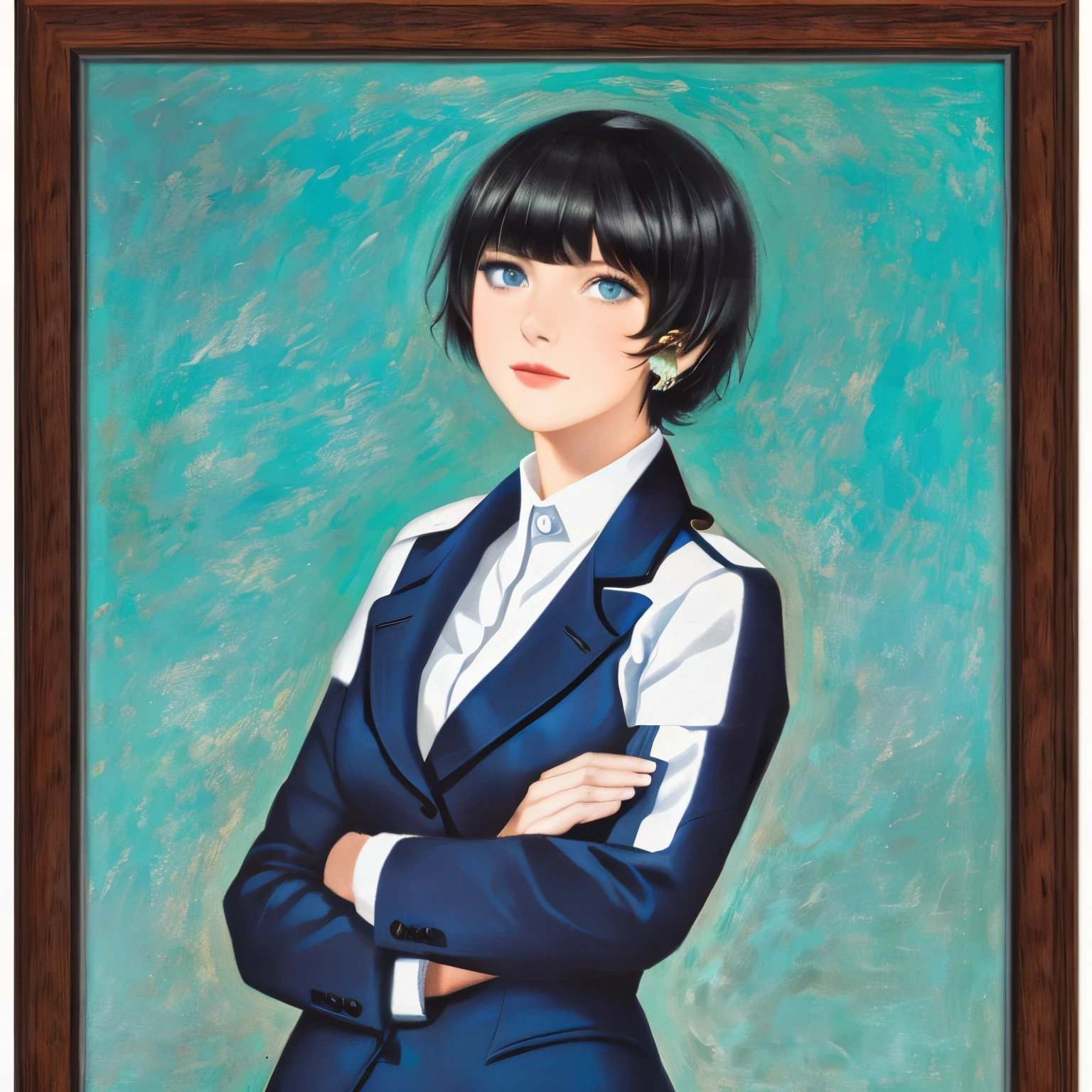 1girl,short black blue hair,blue eyes,wearing blazer,office,absurdres,high res,ultrasharp,8k,masterpiece,looking at viewer