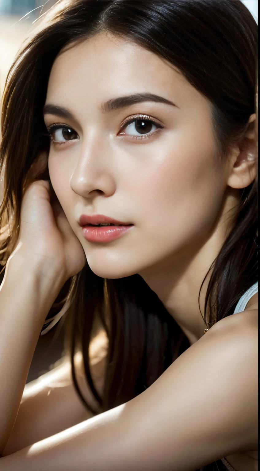 a close up of a woman sitting on a table with a cell phone, a picture by irakli nadar, shutterstock, hurufiyya, flawless olive skin, most beautiful woman on earth, christina kritkou, with cute - fine - face, beautiful delicate face, very attractive and beautiful, good looking face, gorgeous attractive face, rachel weisz