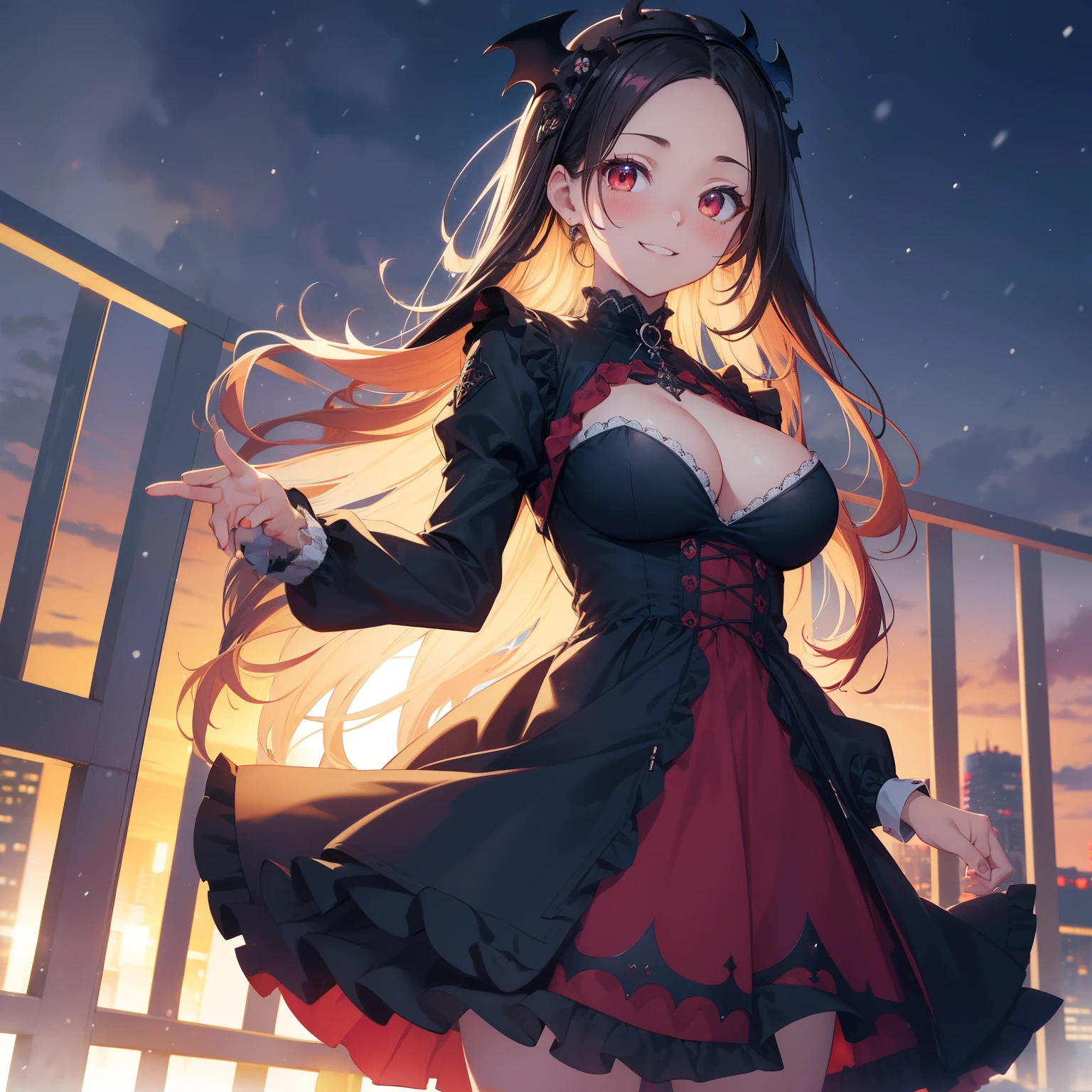 (masutepiece,Best Quality,8K),(extremely detailed CG1.1),s girl,Smile,large boob,(From below:1.2),Intricate details , Hyper realistic, Perfect Anatomy,A dark-haired,Red Eyes,(((Forehead))),Permed hair with wavy hair,(((length hair))),Hair over one eye,hair slicked back,Full body,(((gothic dress ))),blush,Happy smile,(((nighttime scene,buliding))),Lens Flare,Wind,Magnificent view,(chromatic abberation:1.3),Dynamic Angle,Cowboy Shot,Looking at Viewer,It's snowing,is standing