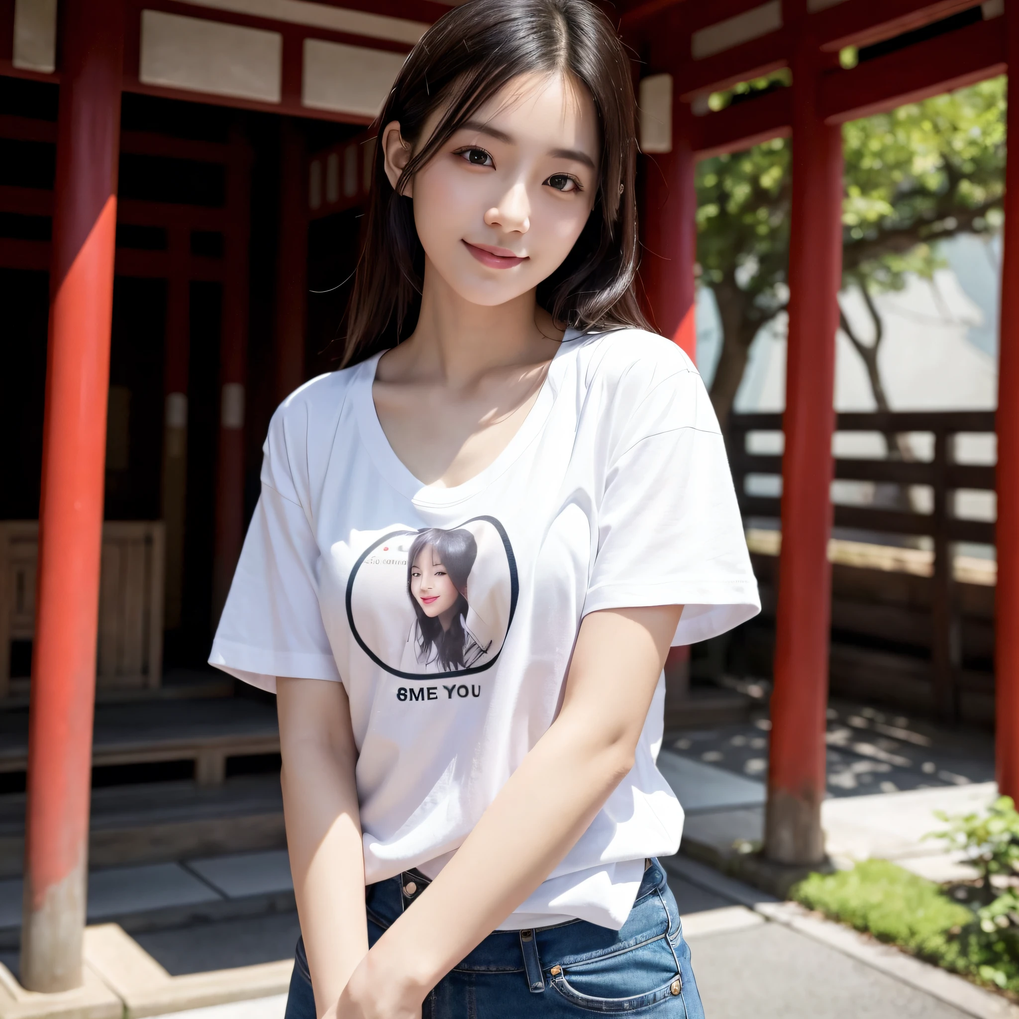 One beauty、((best qualtiy、8k masterpieces:1.3))、foco nítido:1.2、(ultra beautiful faces:1.0)、(shinny skin:1.0)、photos realistic、A dark-haired、Video Lighting、High-definition eyes and face、Video Lighting、Japanese actressl、from the front side、medium breasts、Smile、Slender Abs Beauty、Whole body、Kanji for Japan「tenderness」Wearing a T-shirt、At the shrine