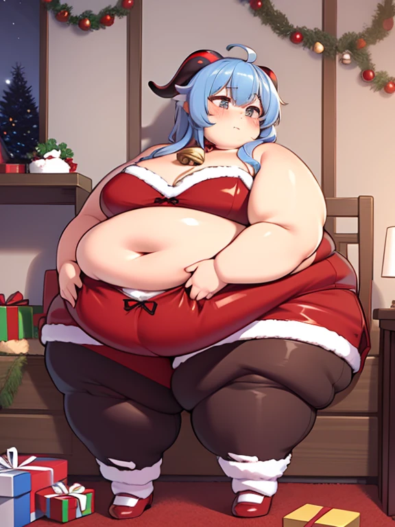 ((masterpiece)), 4K, highdes, Obese Ganyu, Christmas suit, horns, bell in neck, Large Breastas, fat thick thighs, fat belly, fat arms, cute face, no show ears, panties christmas, bedroom, night, rubbing belly in heart form with hand, eating a lot food in Christmas