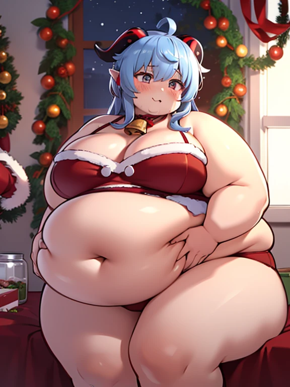 ((masterpiece)), 4K, highdes, Obese Ganyu, Christmas suit, horns, bell in neck, Large Breastas, fat thick thighs, fat belly, fat arms, cute face, no show ears, panties christmas, bedroom, night, rubbing belly in heart form with hand, eating a lot food in Christmas