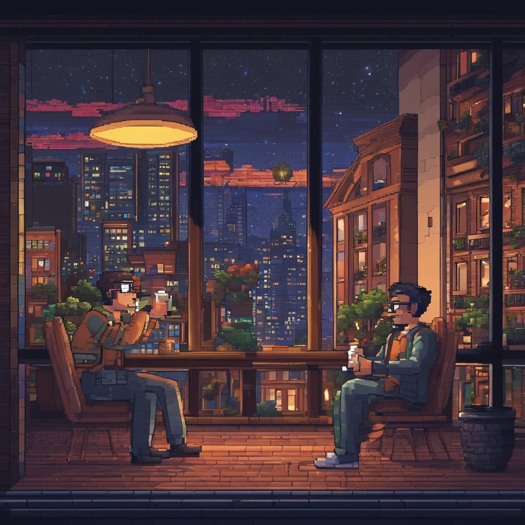 2guys in the city, recording podcast with microphone,drinking beer, in front of stars in window at night time hyper realistic,8k,ultra detailed hd,pixar style,high definition,16:9