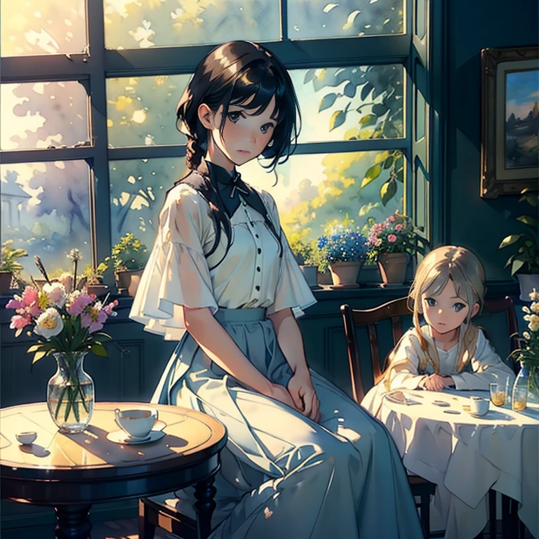 ((Watercolor by singer Sargent))、(top-quality、​masterpiece)、(David Hamilton Style)、(softfocus)、Soft light、1girl in、sixteen years old、A stunning、Short black hair、tiny chest、校服、long  skirt、Botanical Garden、Flower Shop、The table、florals、window、houseplant、 The tree、(nostalgia)、