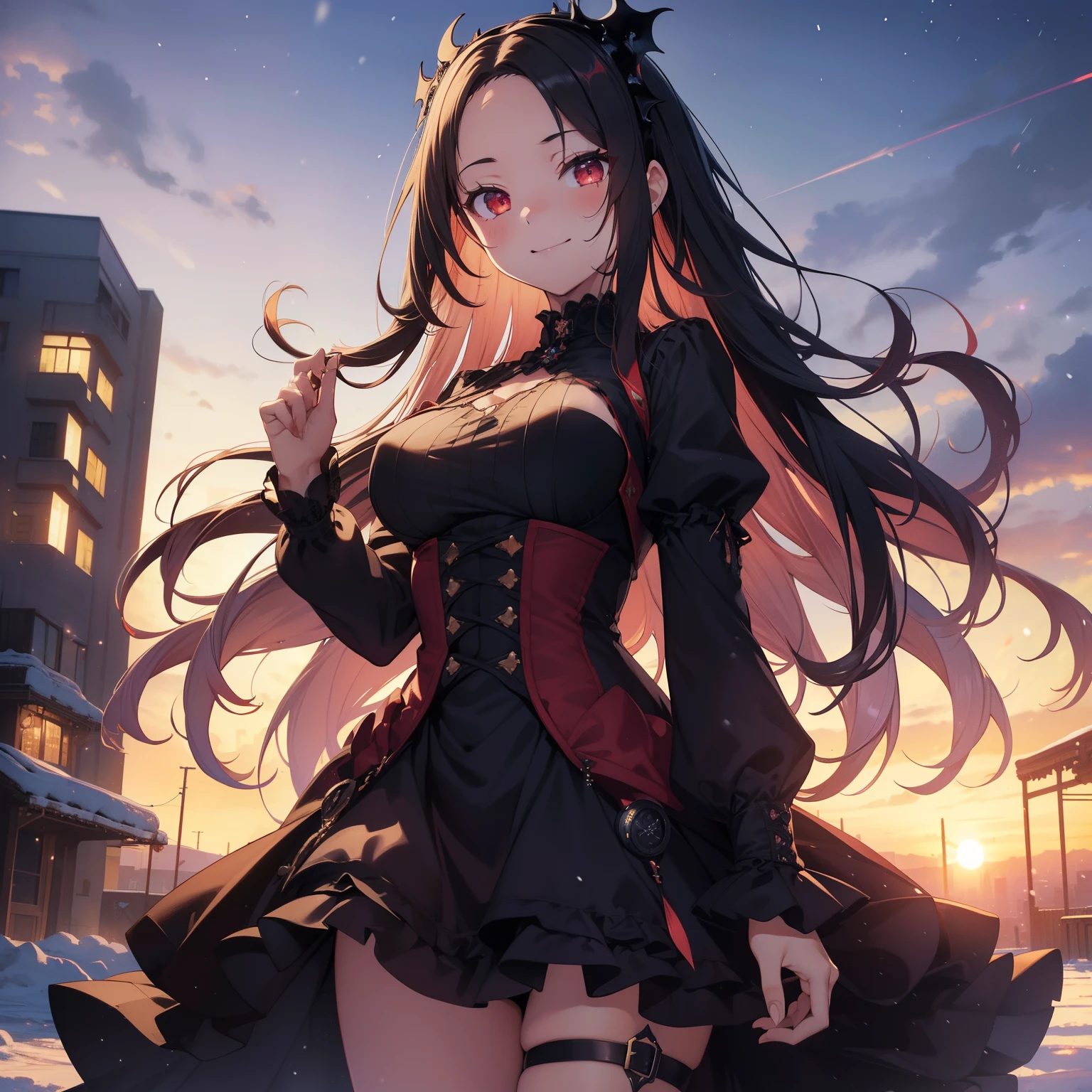 (masutepiece,Best Quality,8K),(extremely detailed CG1.1),teens girl,Smile,large boob,(From below:1.2),Intricate details , Hyper realistic, Perfect Anatomy,A dark-haired,Red Eyes,(((Forehead))),Permed hair with wavy hair,(((length hair))),Hair over one eye,hair slicked back,Full body,(((gothic dress ))),blush,Happy smile,(((nighttime scene,buliding))),Lens Flare,Wind,Magnificent view,(chromatic abberation:1.3),Dynamic Angle,Cowboy Shot,Looking at Viewer,It's snowing,is standing