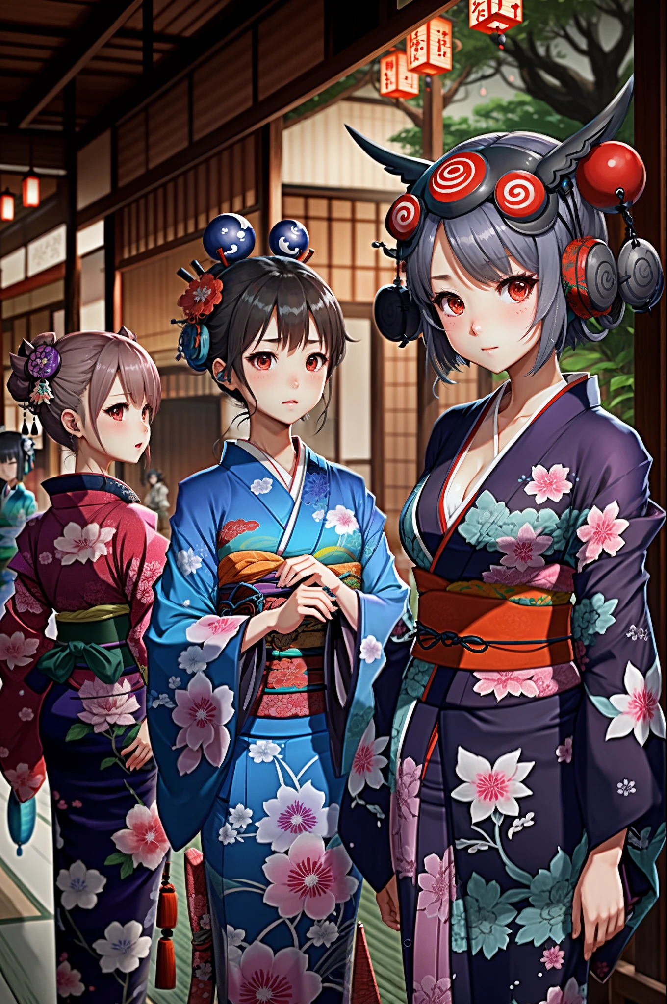 character designs、youkai、kimono、full bodyesbian、droid、head gear、eye glass、musical instrument、3 girls