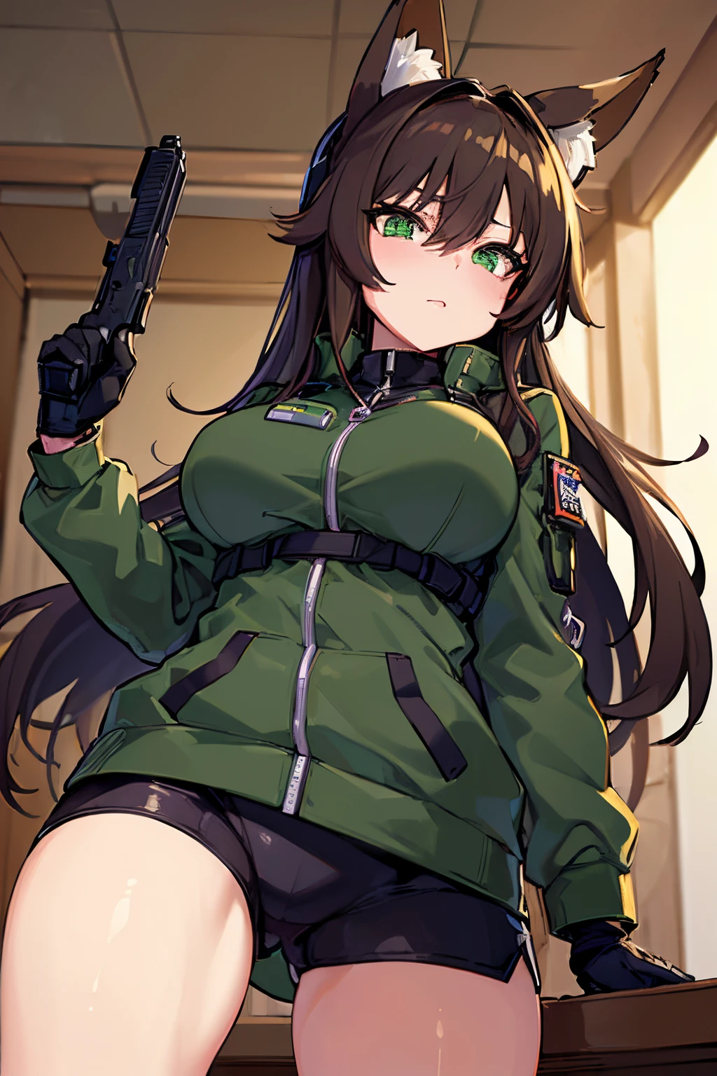 (Masterpiece: 1.5), (Best Quality: 1.5), (Perfect Face), 1 Woman, Mature Woman, Fox ears, Fox tail, green eyes, dark brown hair, big breasts, tactical gear, gun, spandex black shorts, tactical jacket, headset, gloves,