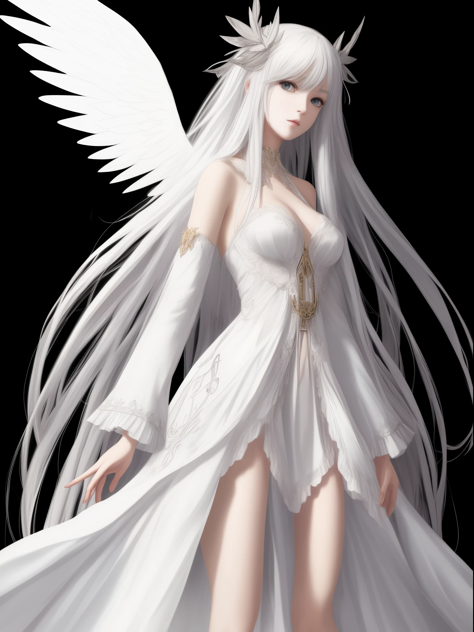 Steampunk beautiful angel girl long white hair Fantasia perfectly proportions Based on the diagram above、Please draw another variation of the angel.。.。 Big black sickle 、robe blanche、Big white2Wings