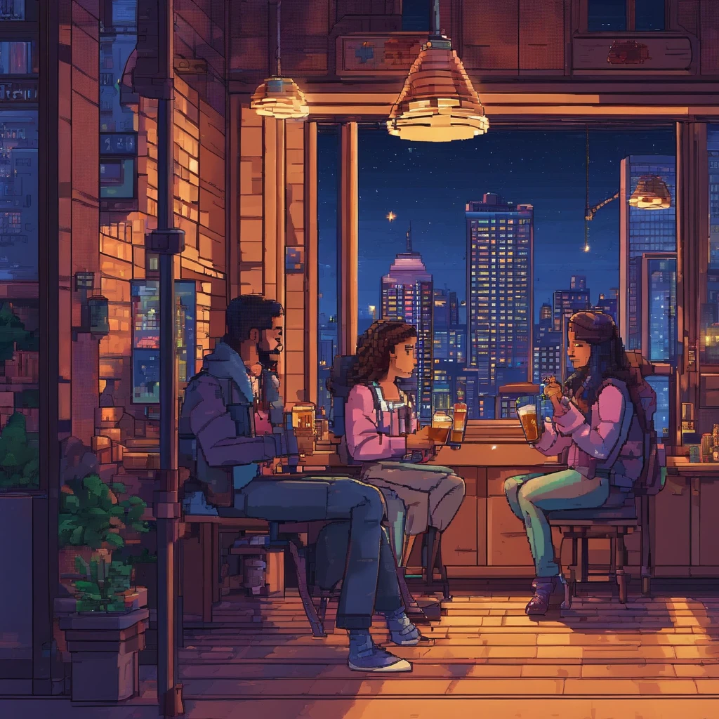 2people in the city, recording podcast with microphone,drinking beer, in front of stars in window at night time hyper realistic,8k,ultra detailed hd,pixar style,high definition,16:9