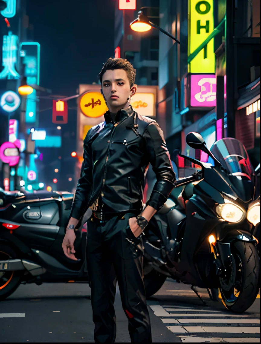 masterpiece, Best Quality, Confident cyberpunk boy, Full body shot, ((Stand in front of the motorcycle)), Pop costumes inspired by Harajuku, Bold colors and patterns, Eye-catching accessories, Cyberpunk dazzling cityscape, Skyscrapers, neon Bright and vivid color scheme, Anime, Illustration, Detailed skin texture, Detailed Cloth Texture, beautifull detailed face, Intricate details, ultra-detailliert.