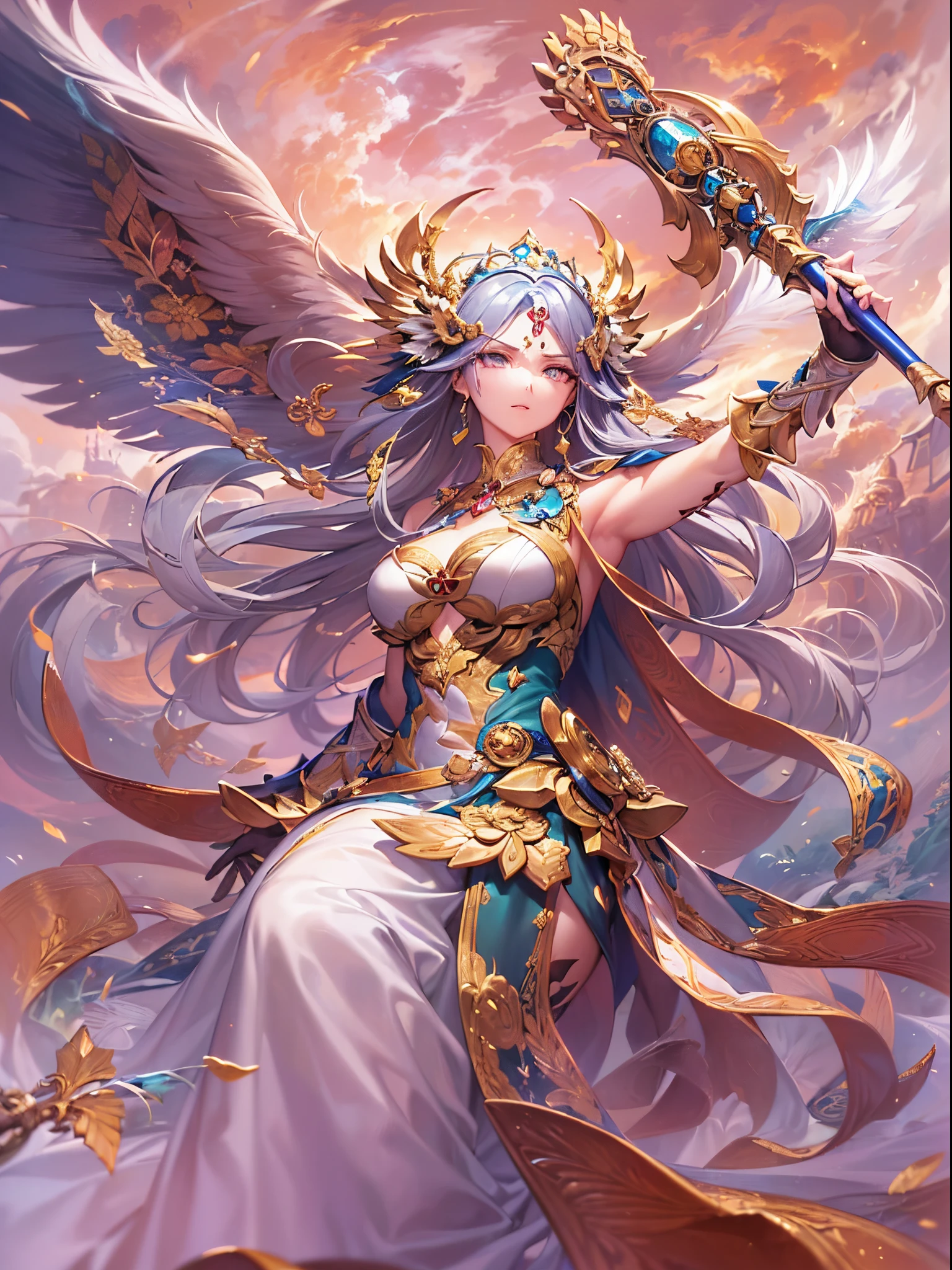 ((Finest quality)),(超A high resolution),(ultra-detailliert),(Meticulous portrayal),((Best Anime)),(Finest works of art),Ultra-Precision Art,The art of astounding depiction,Overwhelming depiction:1.5,Beautiful fantasy art with intricate and detailed details:1.3, (1人の女性:1.5),(Goddess of Victory:1.5),(raise your right arm high:1.4),(Serious gaze:1.3),war cry:1.3