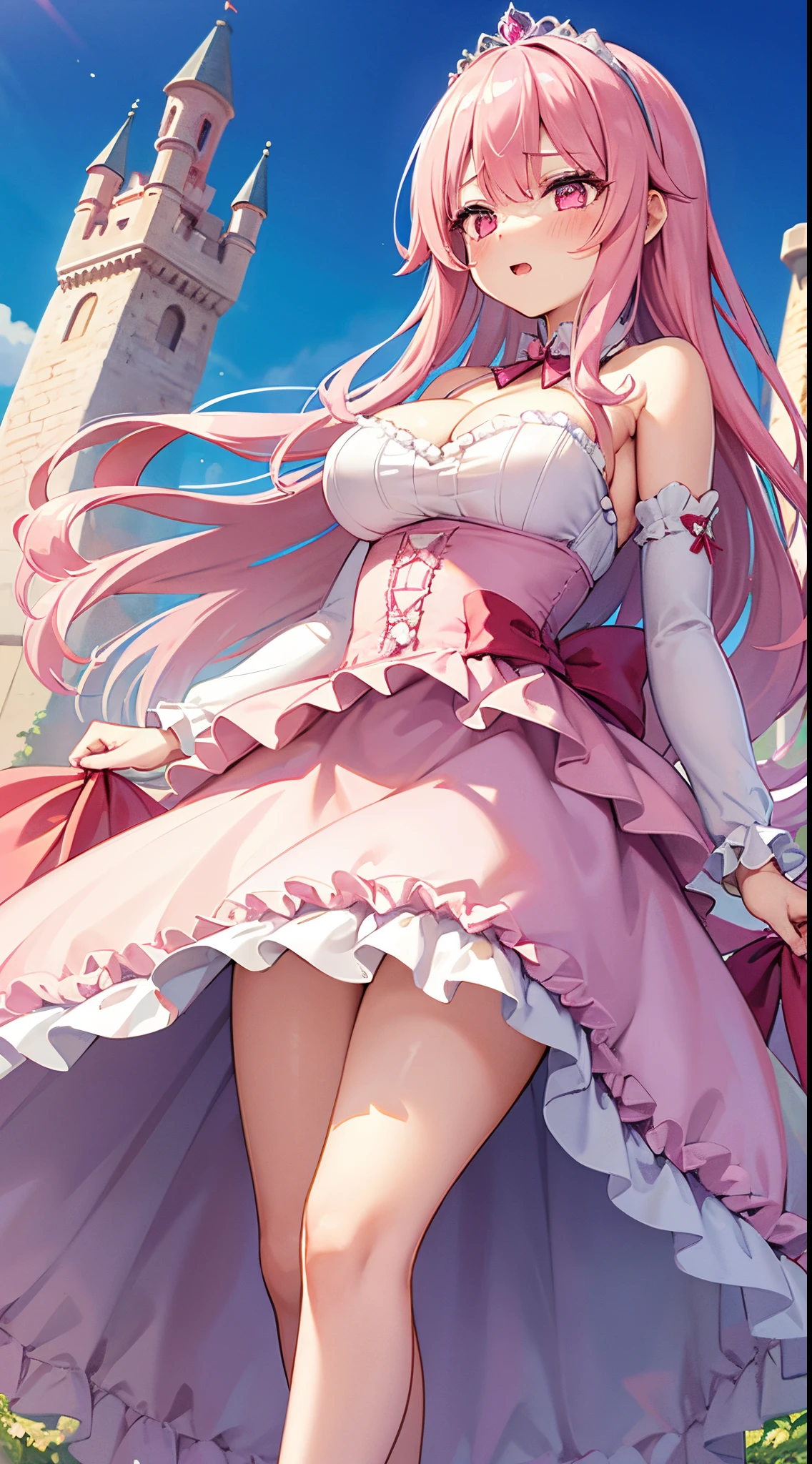 1 girl, game CG, frilly pink princess dress, cleavage visible, shoulders visible, tiara, gigantic breasts, pink hair, long hair, straight hair, ahoge, pink eyes, embarrassing, dynamic, outdoor, castle, skirt lift, String panties, from below, wind,
