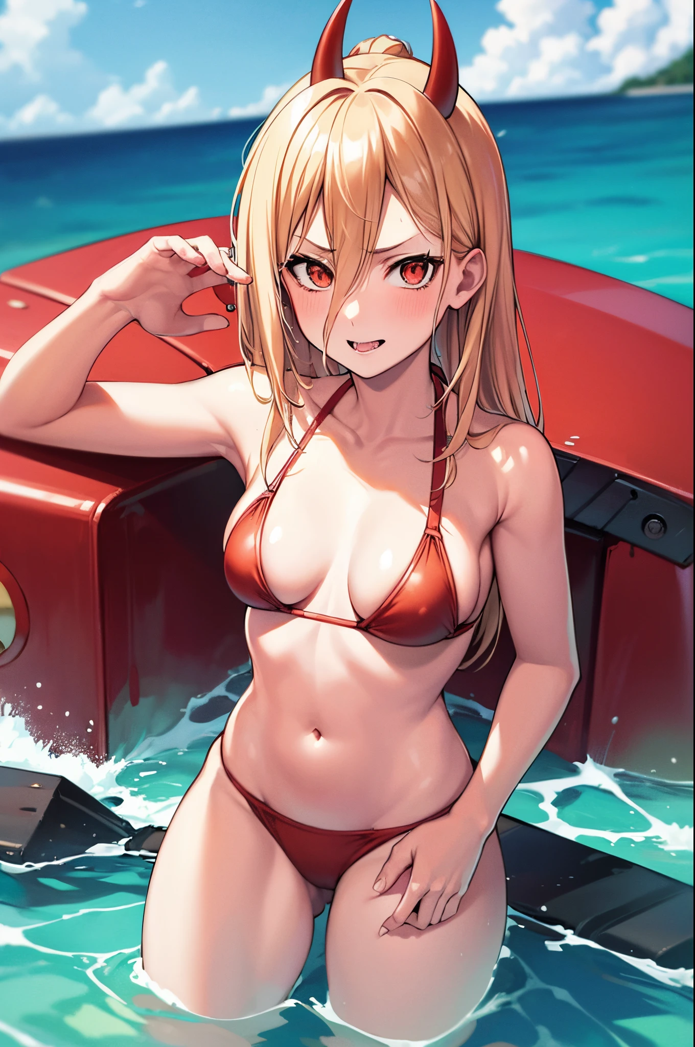 Power from Chainsawman, blonde girl with red horns, little chest, sexy swimsuit, sunny beach and sea