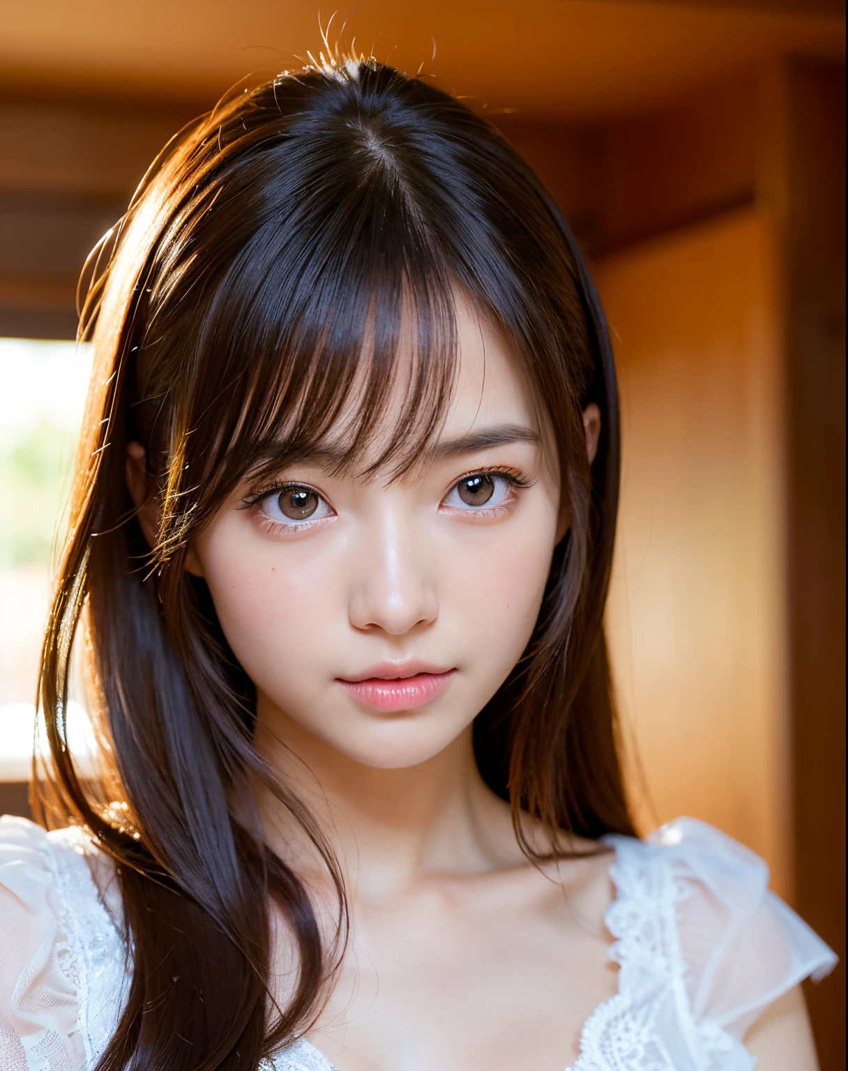 best quality, face focus, soft light, ultra high res, (photorealistic:1.4), RAW photo,
1japanese girl, solo, cute, (pupil, lights in the eyes),  detailed beautiful face, (small chest),(high resolution detail of human skin texture),
(long hair),
indoor,
Damask Shirt Dress,
(portrait)