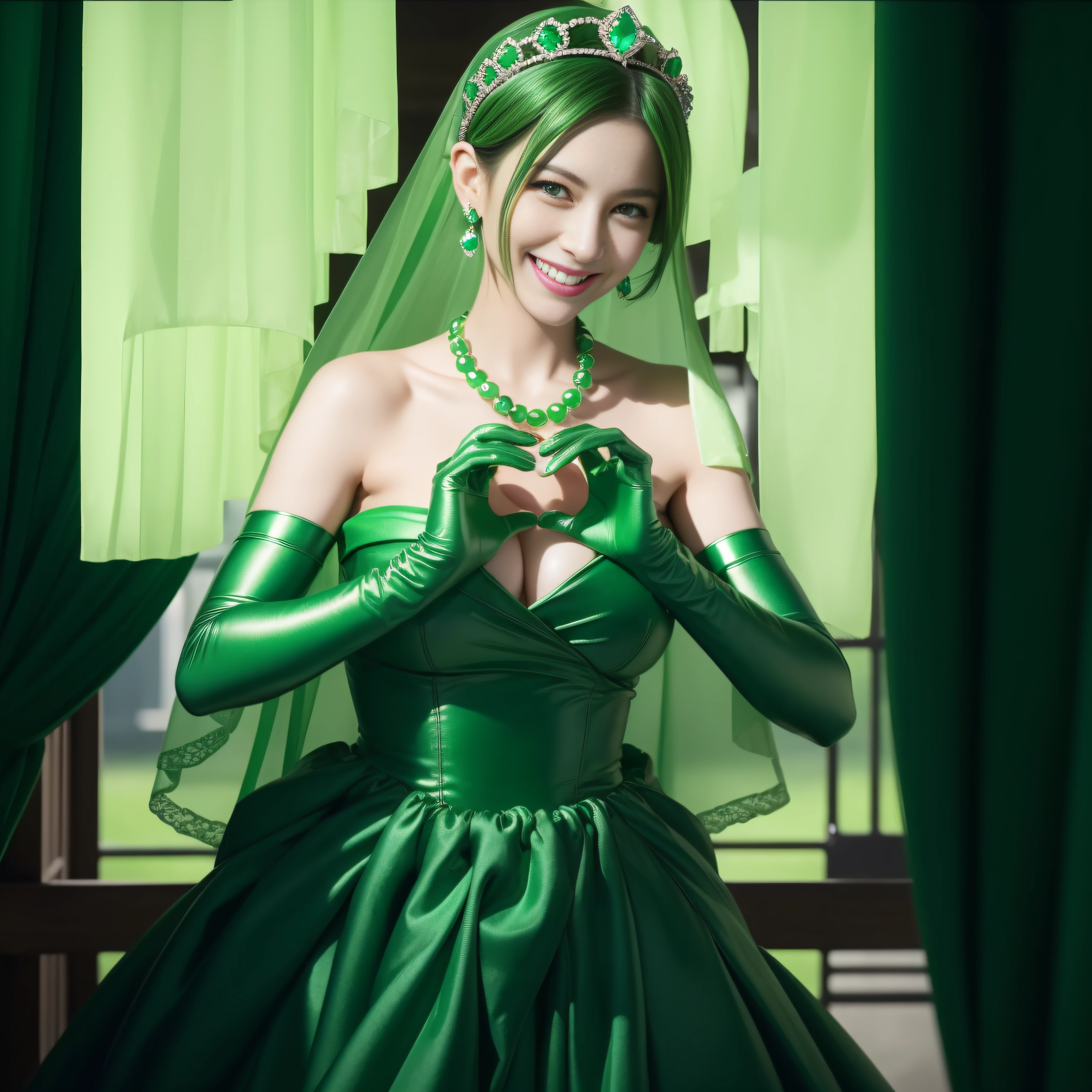 emerald tiara, Green Pearl Necklace, Boyish very short green hair, lipsticks, Japan woman smiling, very short short hair,  big breasts beautiful, Green eyes, Long green gloves made of satin material, Green eyes, Emerald Earrings, green vale, Heart with both hands