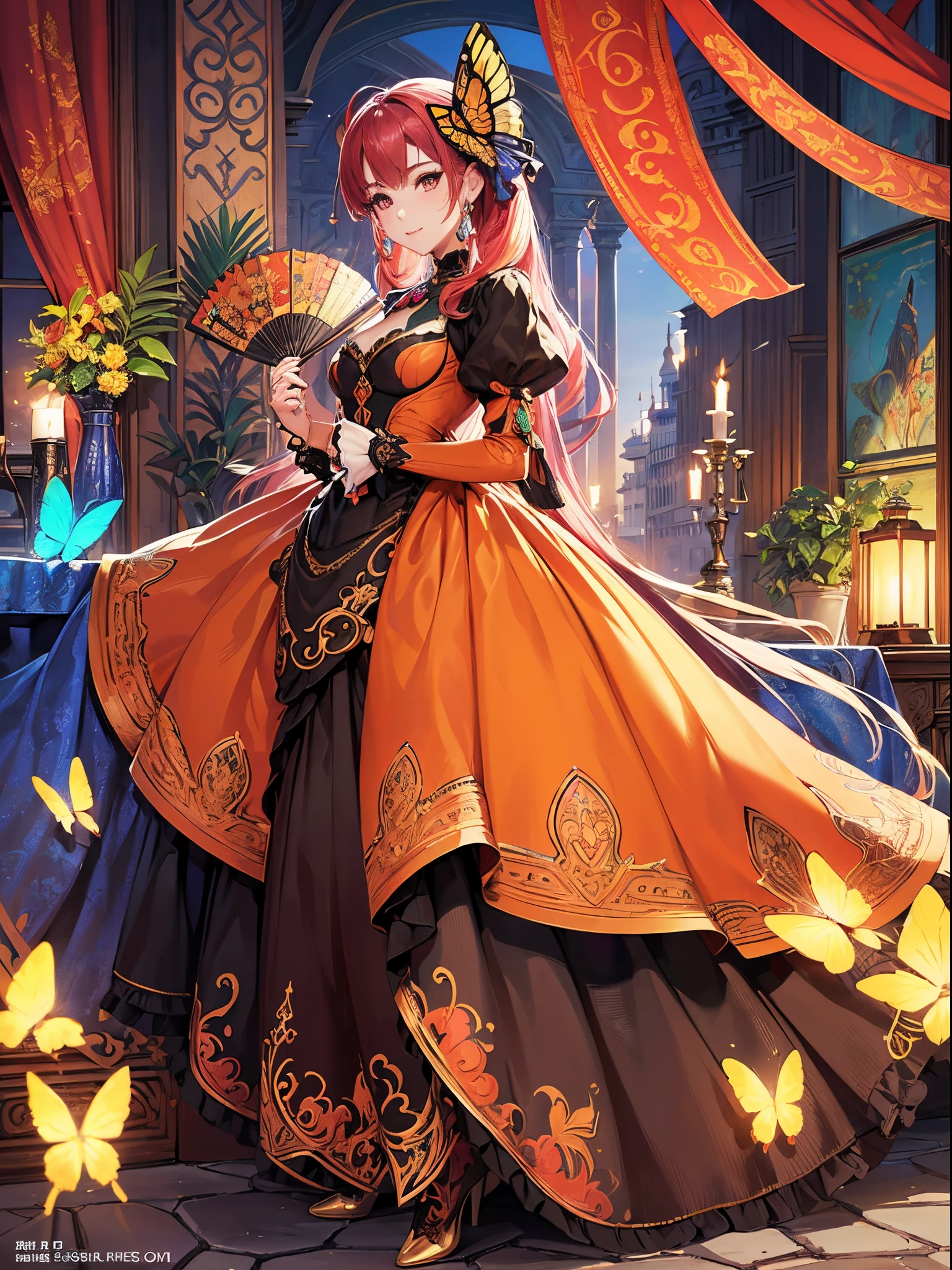 Butterfly motif、shades of orange、Vibrant colors、((masterpiece)))、(((top-quality)))、((ultra-detailliert))、(A hyper-realistic)、(highly detailed CGillustration)、From the right side、Official art、Venice at the beginning of the 20th century、Decadent、Madame Papillon、Cool Beauty、Masquerade、refinement、Elegance、Gorgeous、Masks that cover most of the face、Colorful and detailed mask design、matchless beauty、Fans、gorgeous dress、jewely、Perfect Angle、perfect-composition。full body Esbian