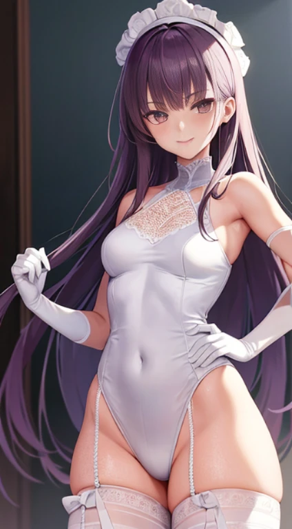 A pretty girl with perfect figure,(Lori,sixteen years old,152cm), (lacy fabric,White One Piece Swimsuit), Very small breasts,(straight haired),On the ring of professional wrestling,extremely detailed face and skin, Detailed eyes, Double eyelids, Grinning smile,Standing with hands on his hip,knee high socks,long wrestling boots,Lace gloves,Nogizaka46