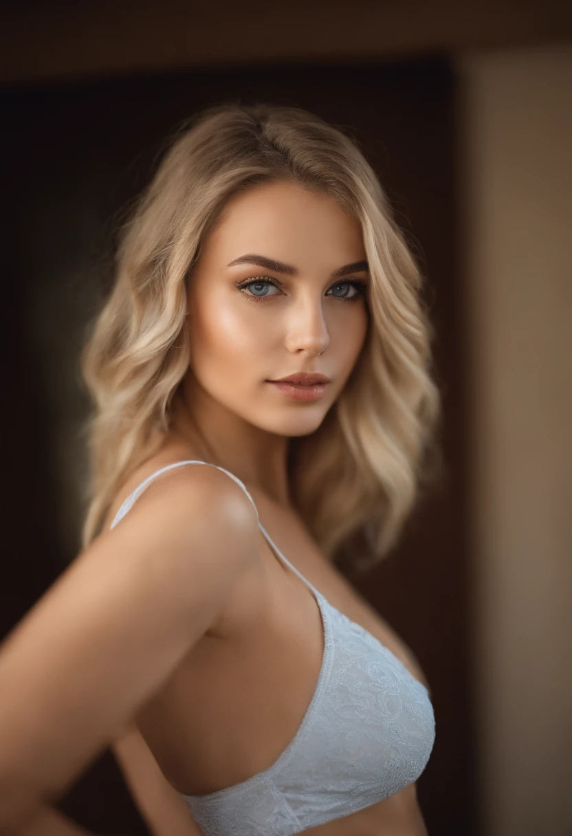 oman with matching tank top and panties, fille sexy aux yeux bleus, Portrait Sophie Mudd, Portrait de Corinna Kopf, cheveux blonds et grands yeux, selfie of a young woman, ohne Maquillage, maquillage naturel, Look directly into the camera, Visage avec Artgram, dezentes Maquillage, Superbe photo du corps entier, dans la chambre, gros seins, Blonde, Latin