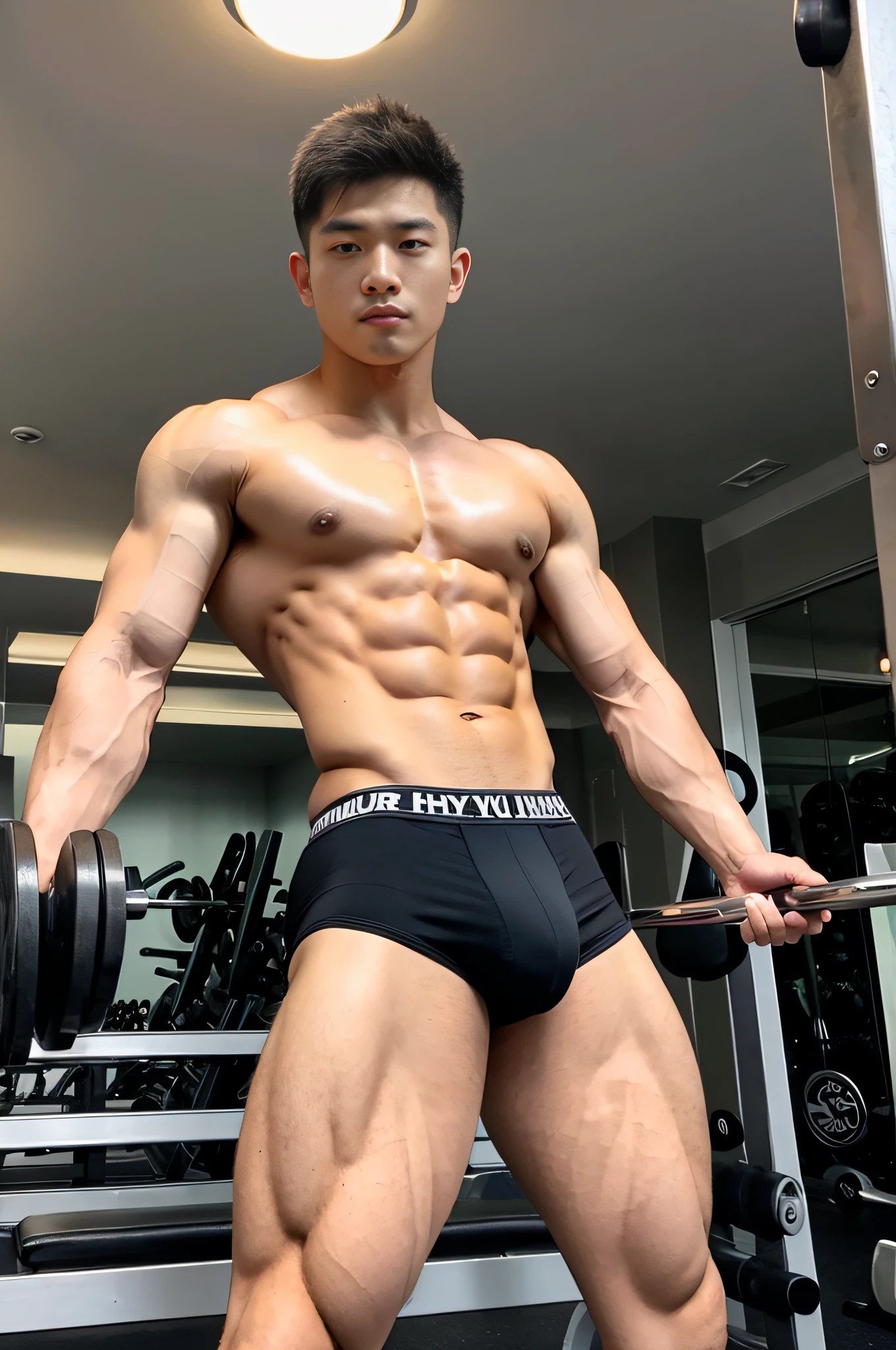 Masterpiece, Best quality, Solo, Korean man, gym background, bodybuilder, muscle body, big muscle, Natural eyes, large bulge, short detailed hair, Sexy guy, looking at viewert, black Brief, mens underwear, standing