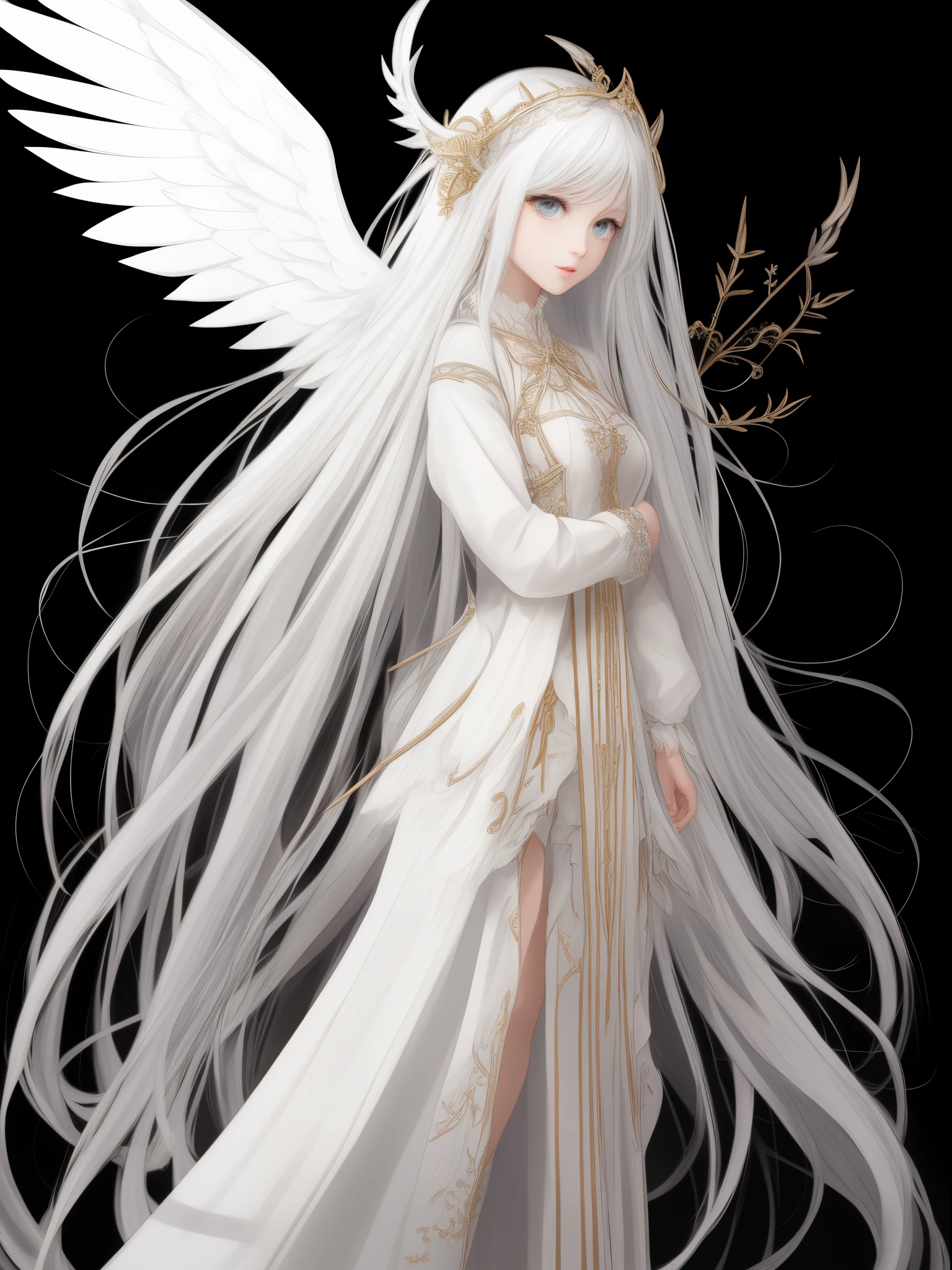 Steampunk beautiful angel girl　long white hair　Fantasia　perfectly proportions　Based on the diagram above、Please draw another variation of the angel.。.。　Big black sickle　、robe blanche、Big white２Wings