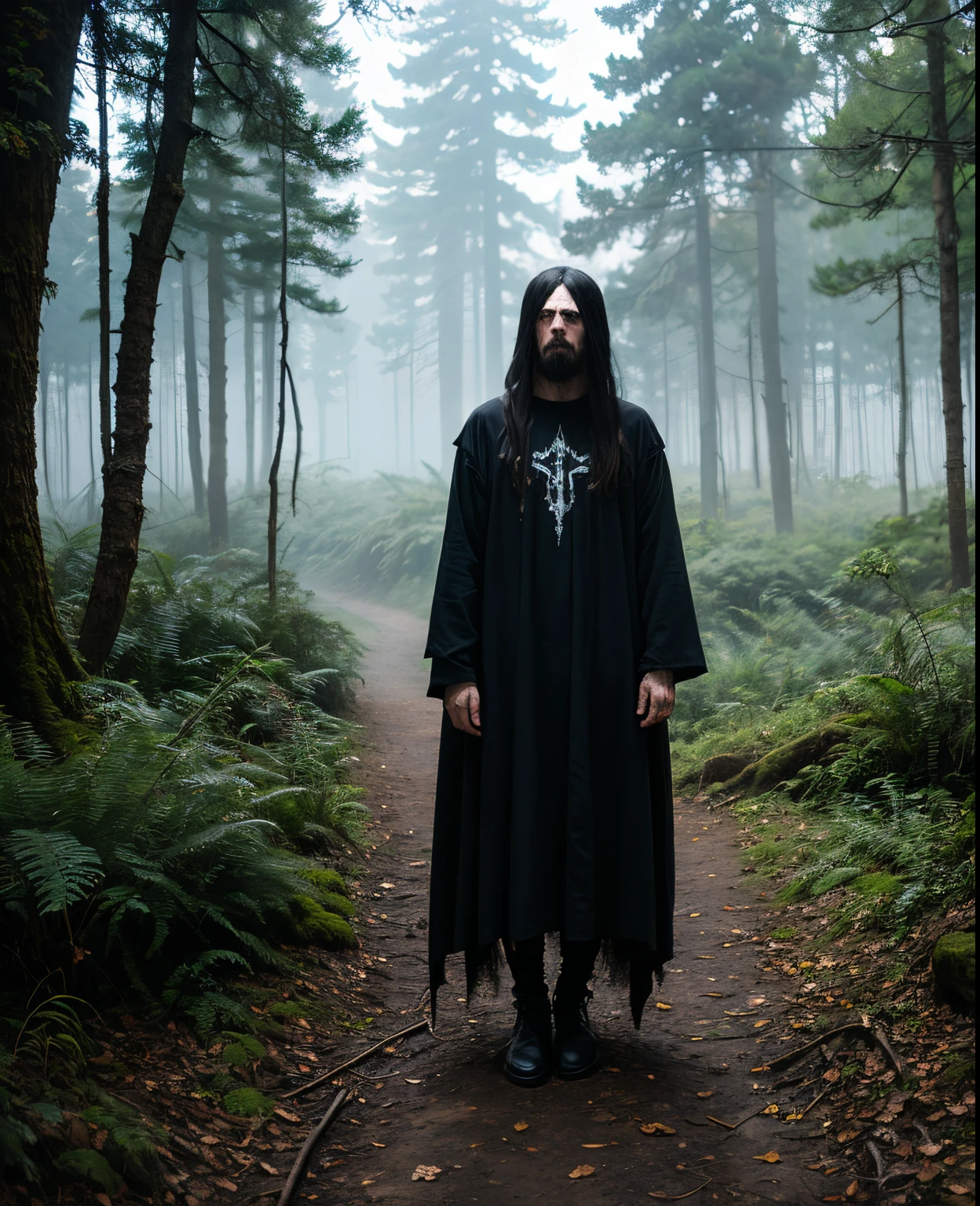 Create an album cover for a black metal band, contendo uma floresta e fantasma
