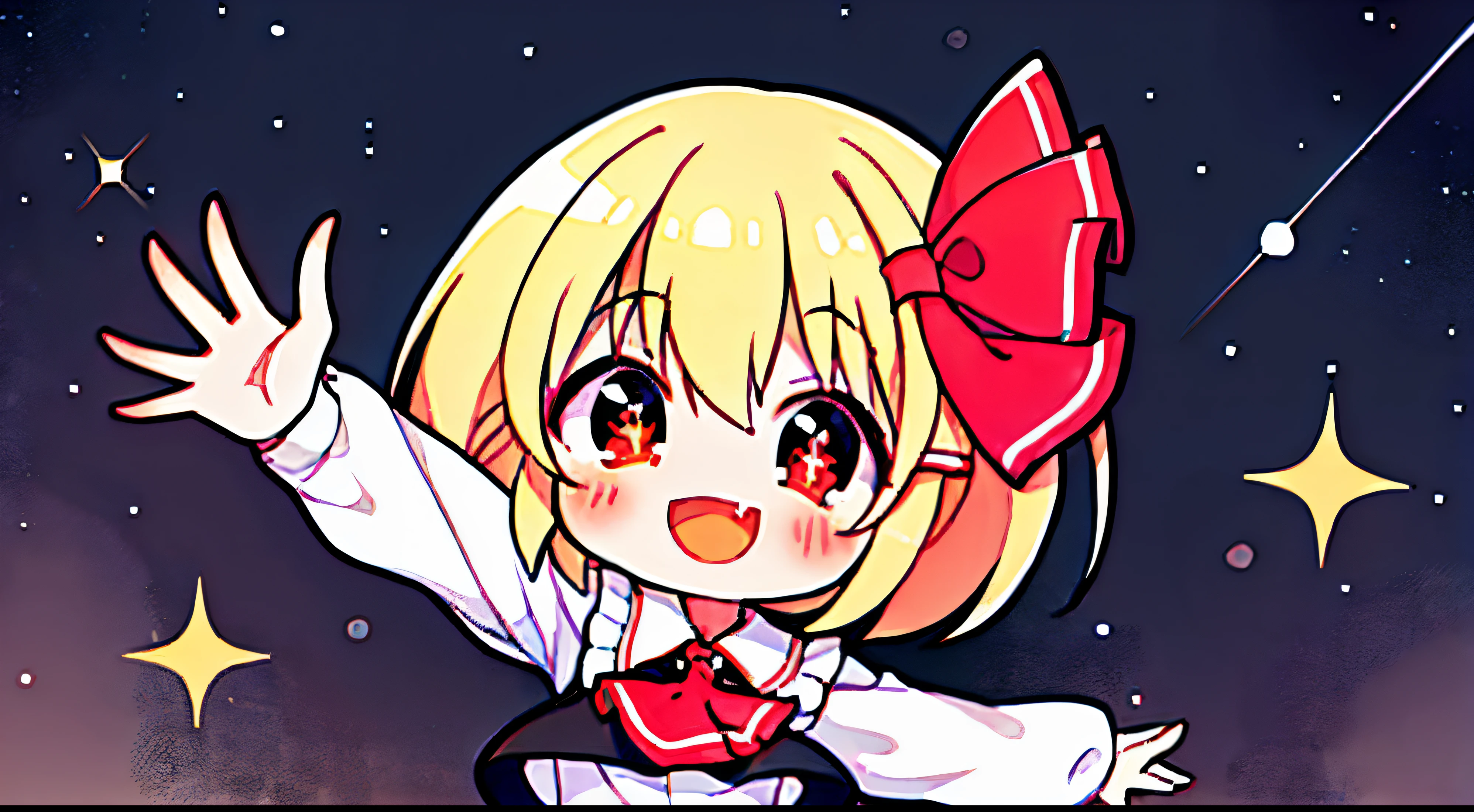 Ultra-Wide Angle,(rumia),(1 girl),blonde hair, short hair, pupils sparkling, red eyes, bow ribbon, Hair Ribbon,black Skirt,frills skirt,skirt set,Long sleeves,White shirt,spreading arms,fang,Flying in the black night sky,happy,grin, masterpiece, UHD, high details,anatomically correct,A structurally correct hand