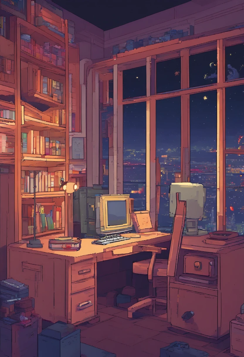 No human、Alerts earpads studding book computer in front of stars in ultra-realistic windows at night,8K,Ultra-high definition,Pixar style,High Definition,16:9