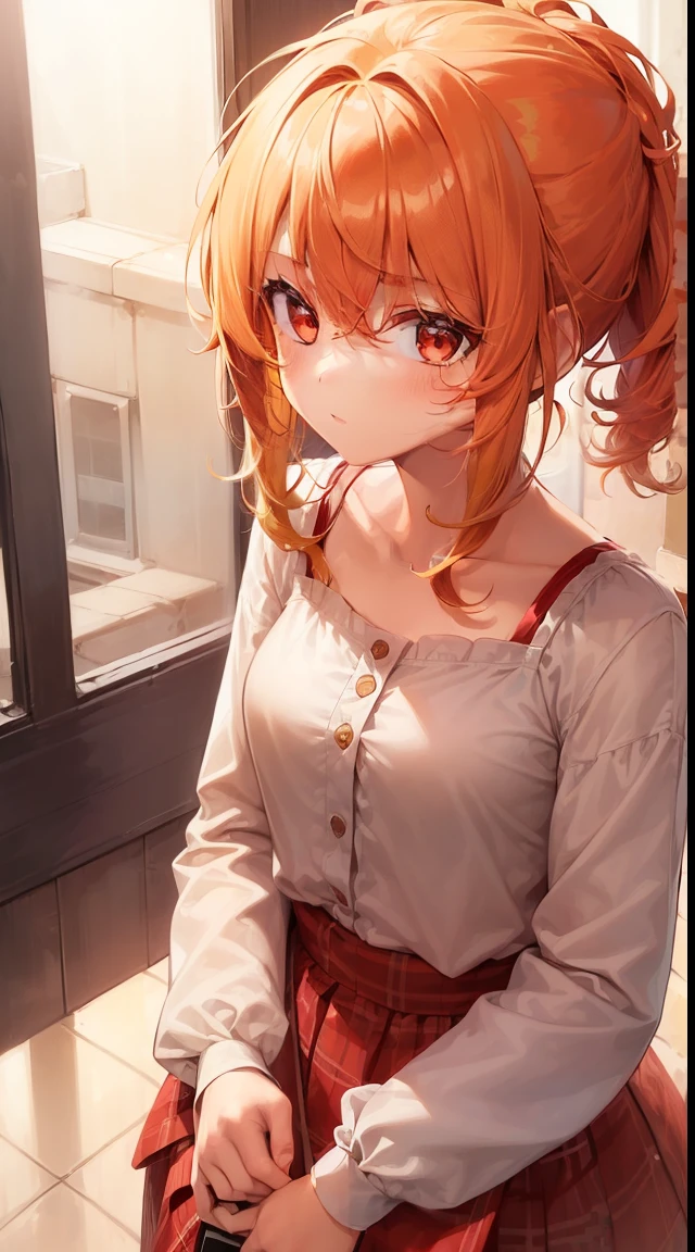 (((1girl in))), ((((Solo)))), ((messy hair style)), Take a photo standing up, (((Reddish-yellow hair)), Red Eyes, Soft blouse