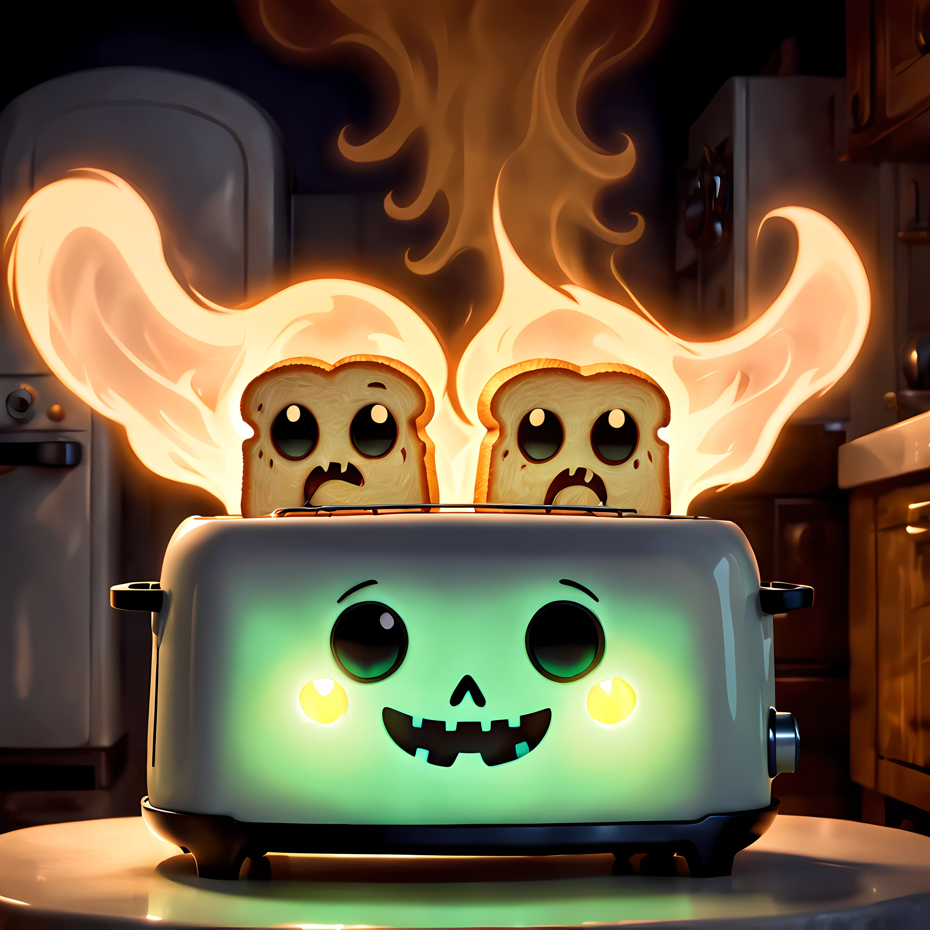 Cute Cartoon, CuteCartoonAF, (cute cartoon style:1.3), (front view:1.3), (close up:1.3), a haunted toaster with an eerie and supernatural appearance (glow from within), an atmosphere that suggests the toaster is possessed by a ghost, dimly lit kitchen background, spooky, paranormal elements to the image, ethereal