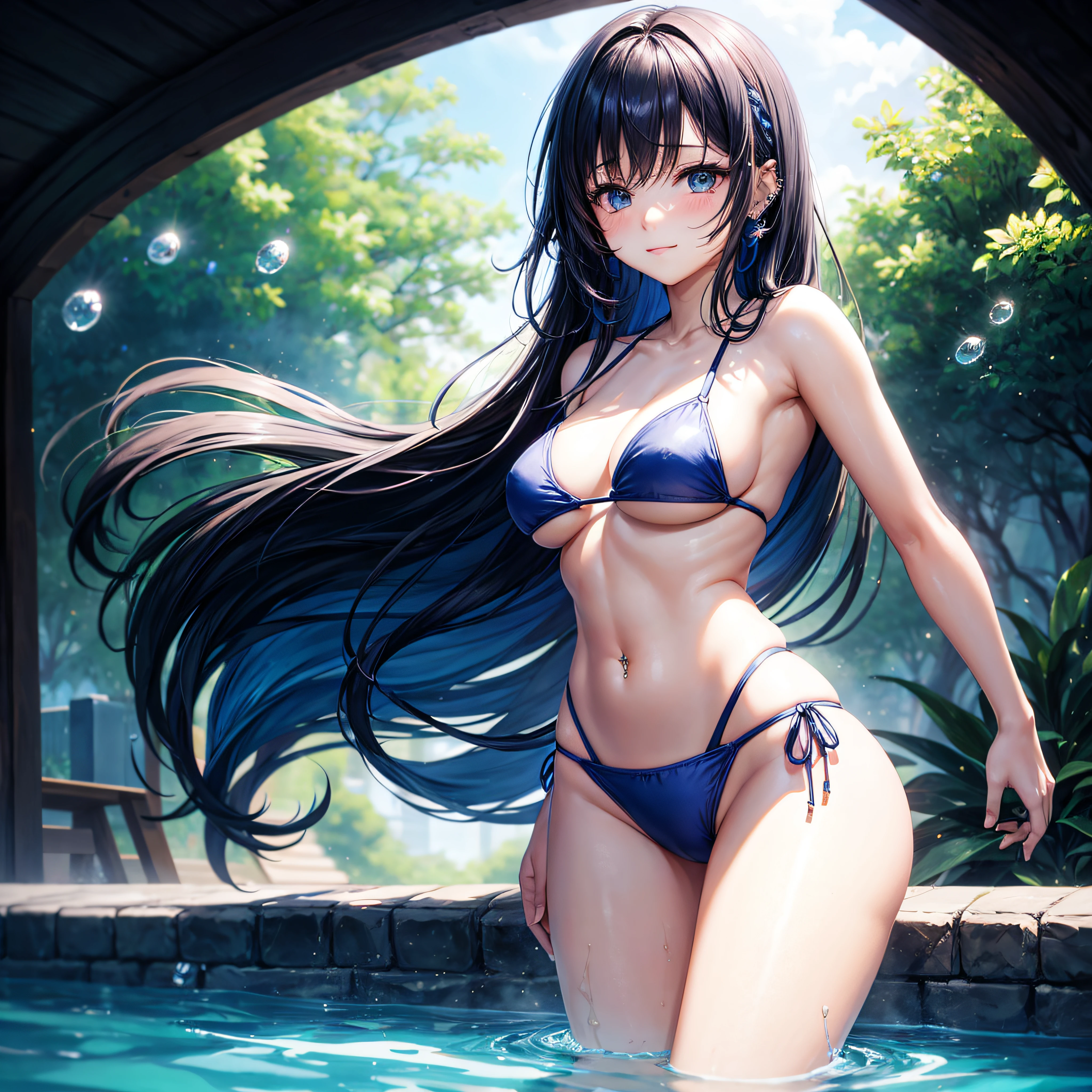 realisitic、top-quality、 1 人、20yr old、Bright flashy hair、piercings、Shy face、Fancy Bikini、beautiful boob 、sexypose、s ass、Example Pool、Particles of light、profetional lighting、blue open sky