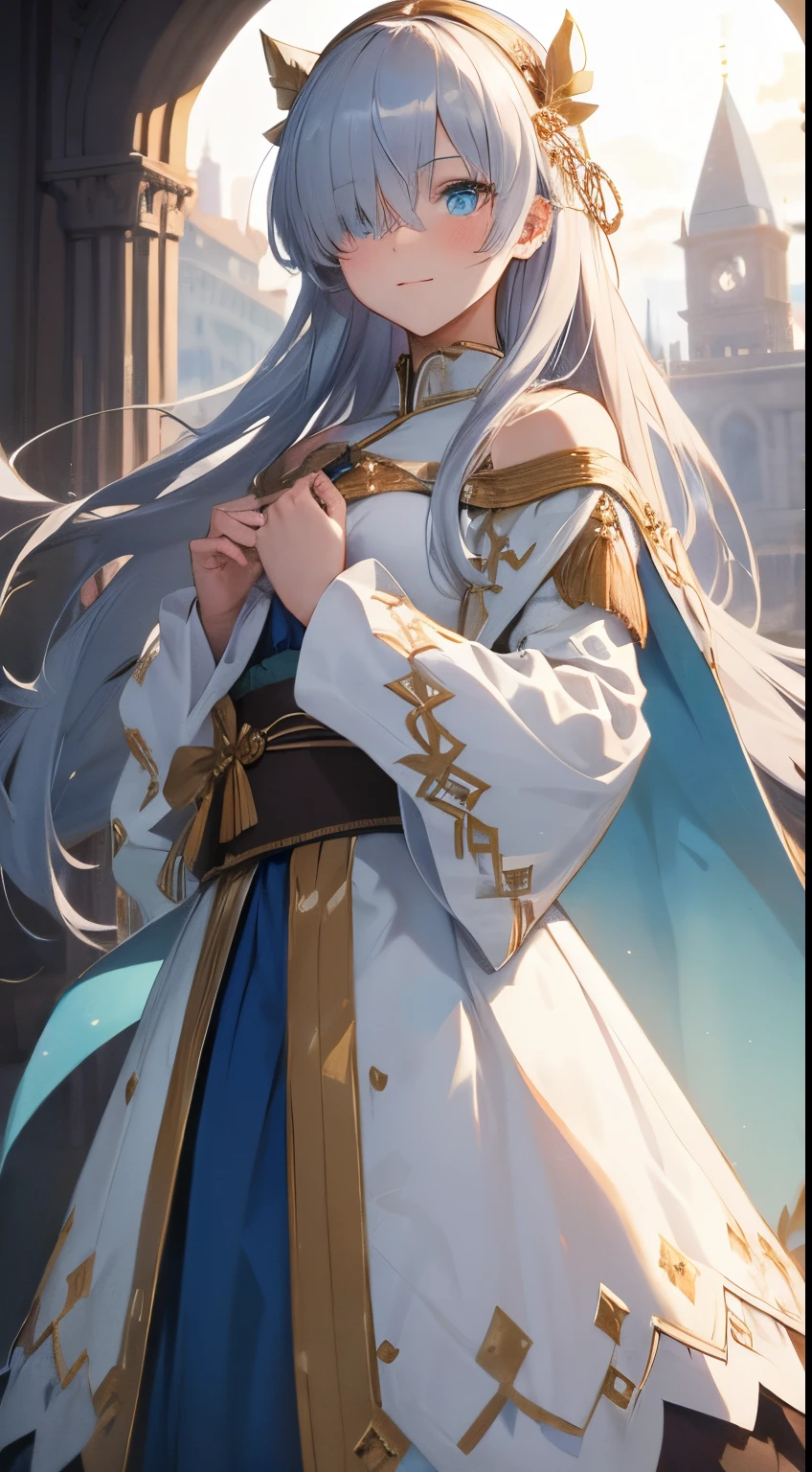 Best Quality,High resolution,ultra-detailliert,Beauty girl,NSFW, anastasia, Blue eyes, Grey Hair, hair between eye, (Hair over one eye:1.5), Long hair, Bangs,
blue cloak, Brown Hair Band, cloaks, Dress, Fur trim, shairband, royal dress, sash, Tachi-e, White Dress, Wide sleeves,(Cowboy Shot:1.1), Lens Flare, Looking at Viewer, Seductive smile