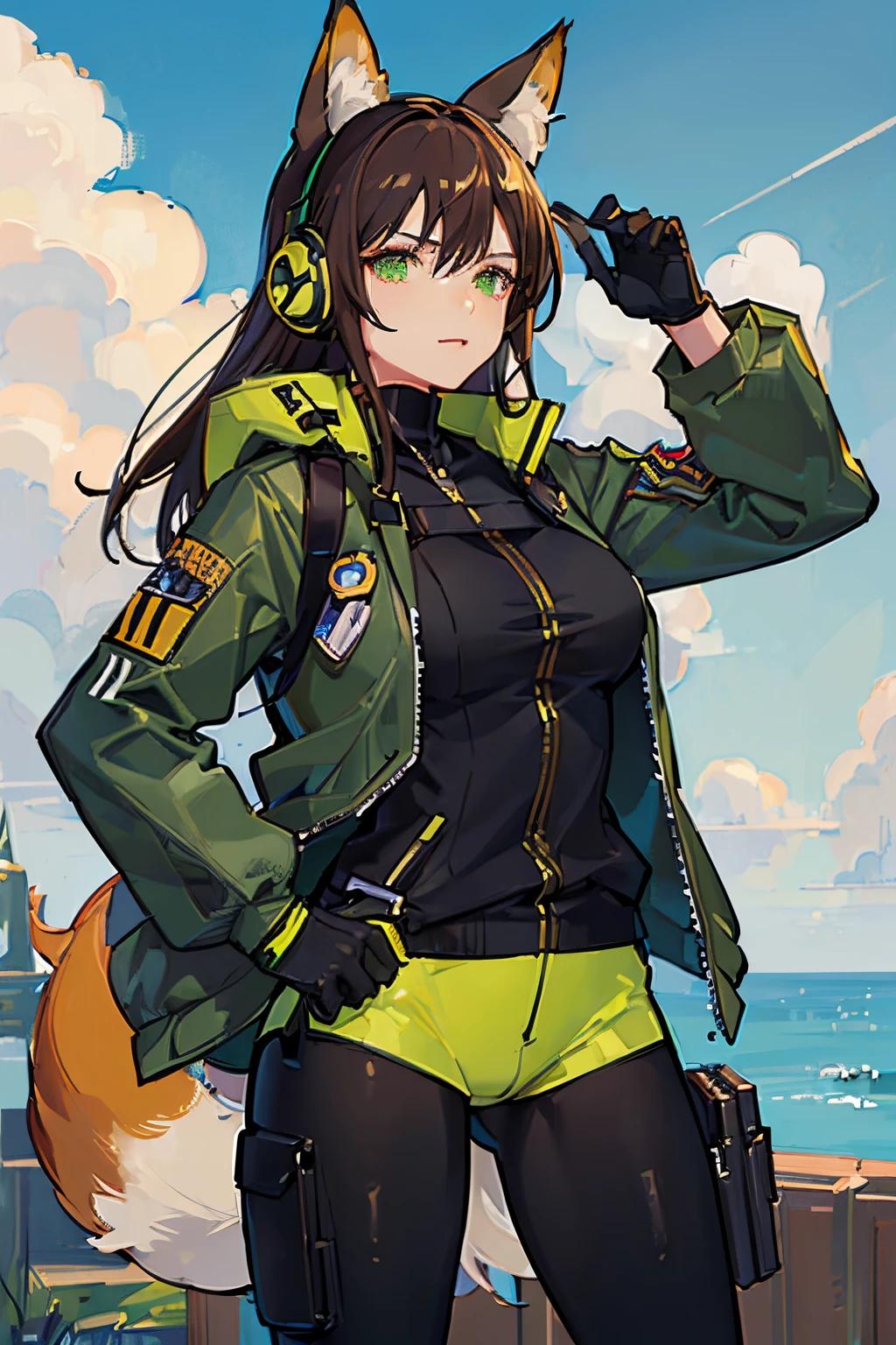 (Masterpiece: 1.5), (Best Quality: 1.5), (Perfect Face), 1 Woman, Mature Woman, Fox ears, Fox tail, green eyes, dark brown hair, big breasts, tactical gear, gun, spandex black shorts, tactical jacket, headset, gloves,