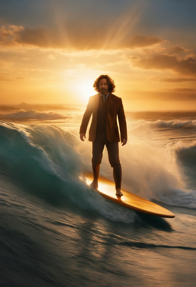 The image is of Sirius standing on a surfboard, riding a wave with the sun rising in the background.,Harry Potter series,Sirius is tall with shaggy curly brown hair, with brown eyes and a goatee. Famously portrayed by Gary Oldman