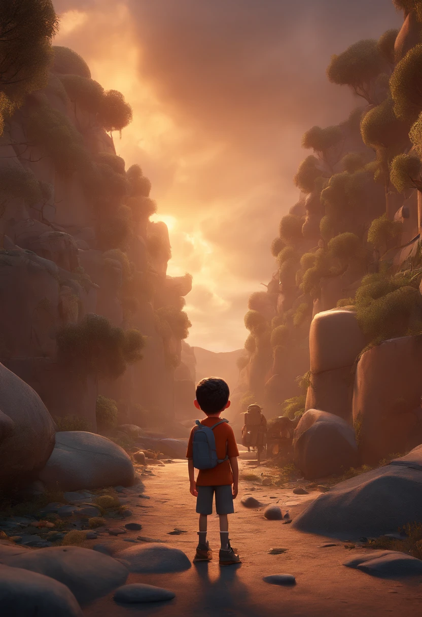 A sad boy stands on the war, pixar-style, ......3D, Cartoons, 详细的脸, Asymmetric 16k