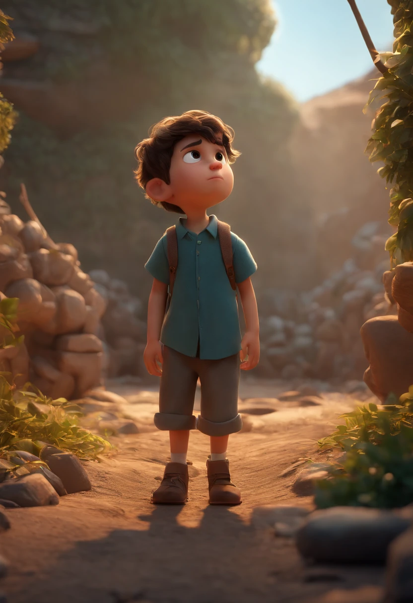 A sad boy stands on the war, pixar-style, ......3D, Cartoons, 详细的脸, Asymmetric 16k