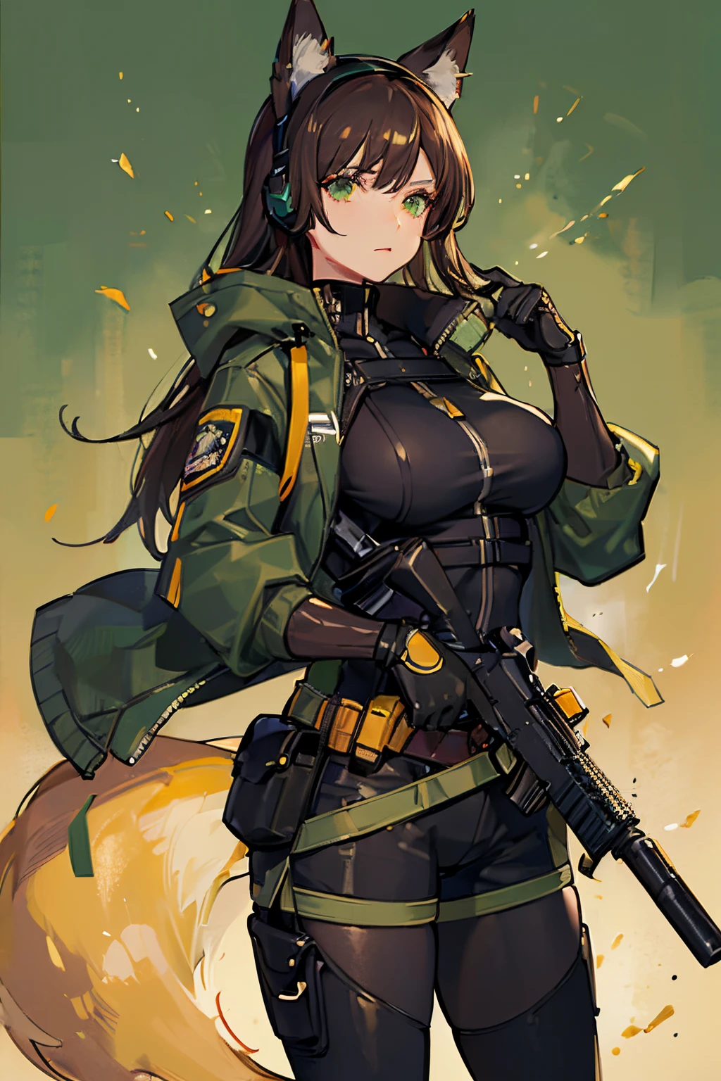 (Masterpiece: 1.5), (Best Quality: 1.5), (Perfect Face), 1 Woman, Mature Woman, Fox ears, Fox tail, green eyes, dark brown hair, big breasts, tactical gear, gun, spandex black shorts, tactical jacket, headset, gloves,